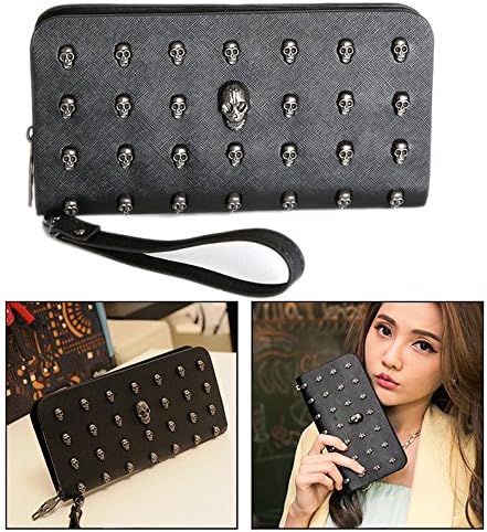 OFKPO Faux PU Leather Long Zipper Wallet Purse with Skull Plated for Women (Black)