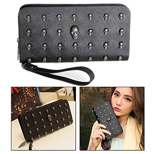 OFKPO Larga PU Monedero Billetera de Cuero, Diseño con Calaveras， Cartera de Mano para Mujer Negro