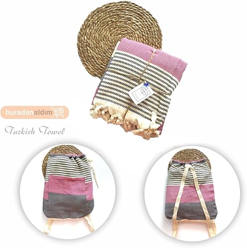 buradanaldim - Toalla de playa y bolsa combinada y guante de baño turco Hamam, 40 x 72 pulgadas, toalla de playa turca 100% algodón con bolsillo con