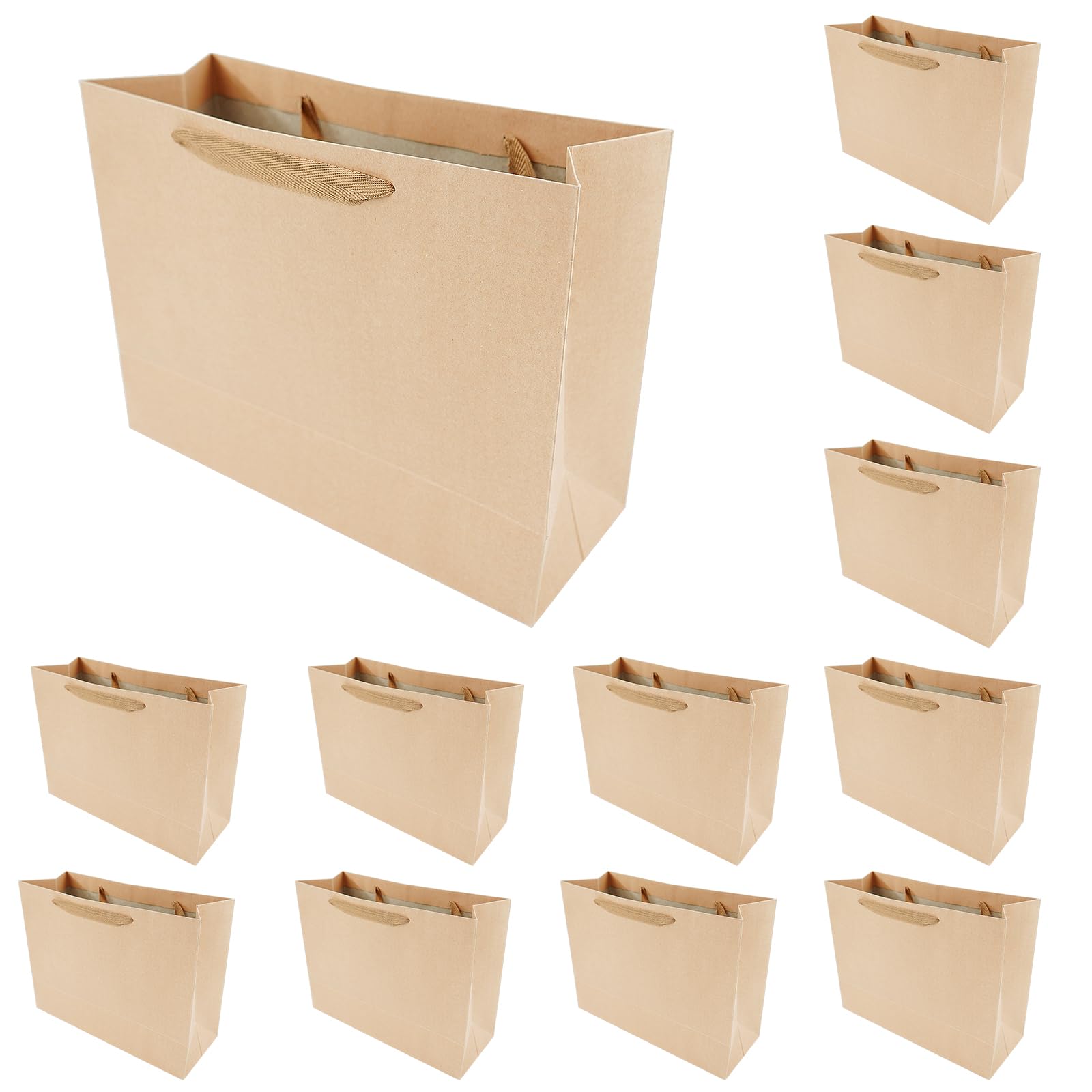 12 x Sacs en papier, Sacs cadeaux avec bord noir laminé mat, Sacs cadeaux en kraft avec poignées pour anniversaire, mariage, Noël, fête, shopping, baby shower, vente au détail, 35x13x26 cm (Marron)