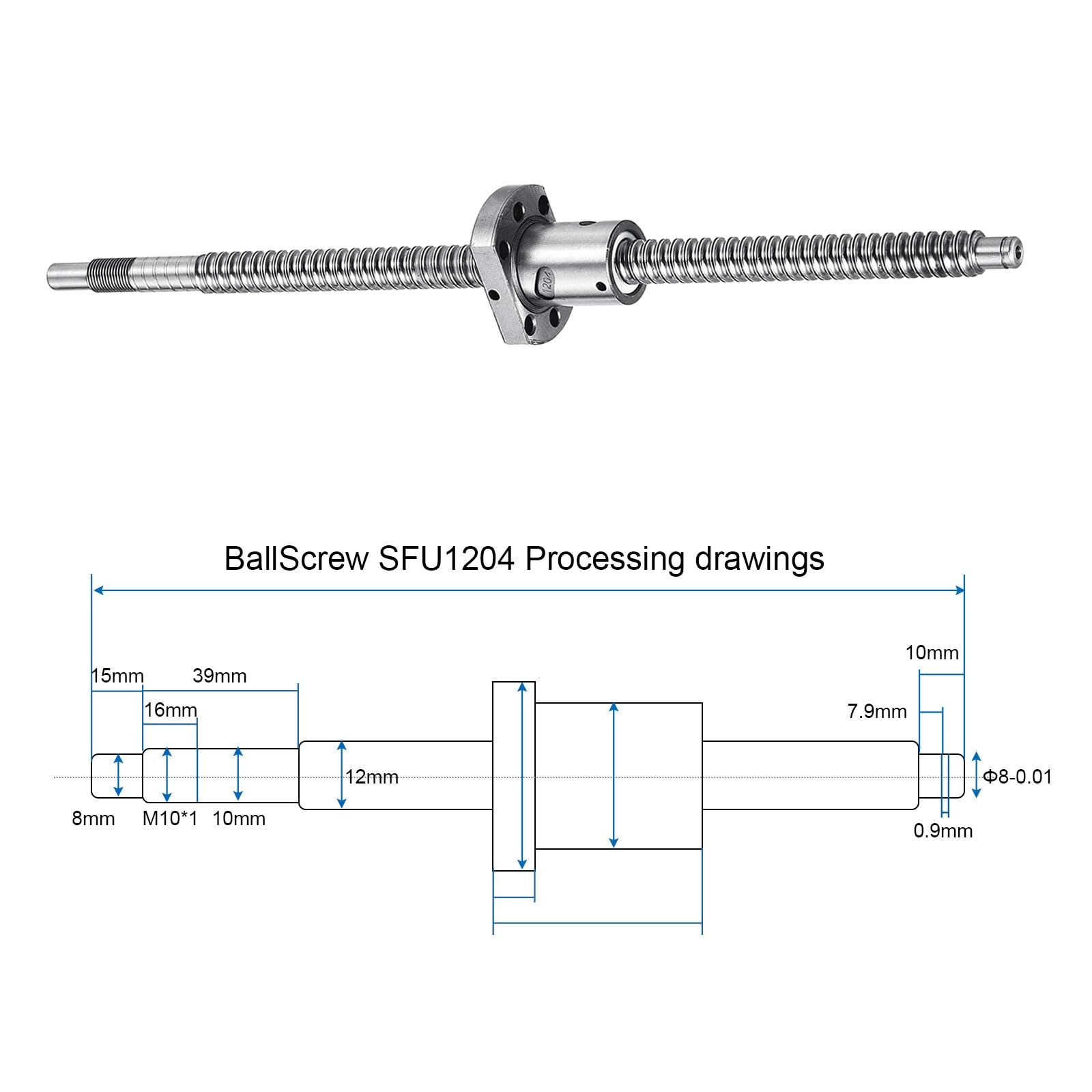 QUARKZMAN Vis à billes SFU1204 (Diamètre 12mm, Pas 4mm, Longueur 300mm) avec écrou de vis à billes Kit de vis à billes anti-jeu standard Usinage d'extrémité pour pièces de machine CNC