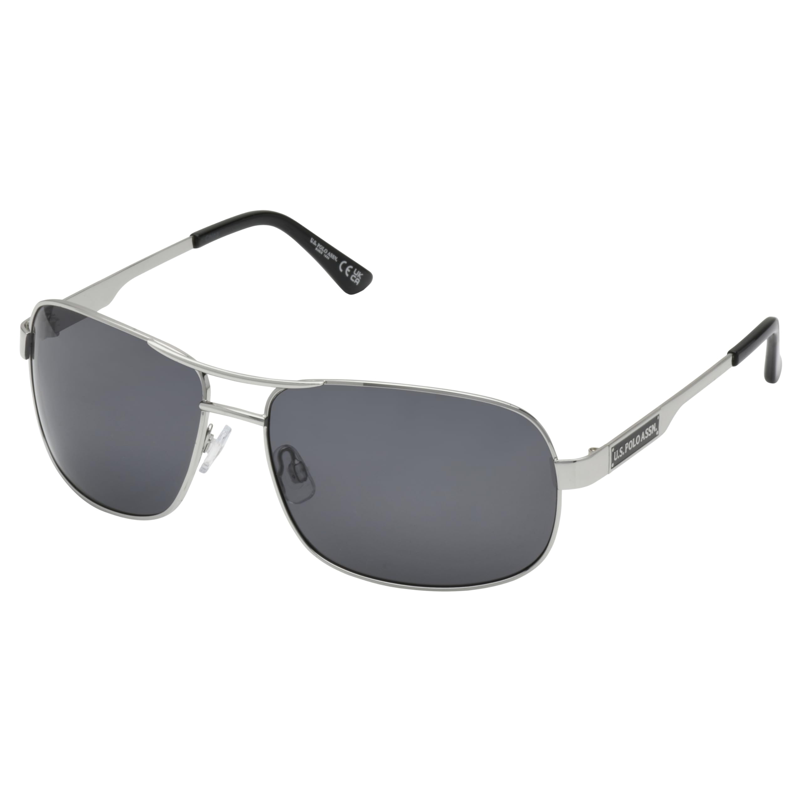 U.S. POLO ASSN. PA3015 - Gafas de sol polarizadas rectangulares de aviador con protección UV400, para hombre, con envoltura de metal, estilo aviador, Plata/Negro, Talla única