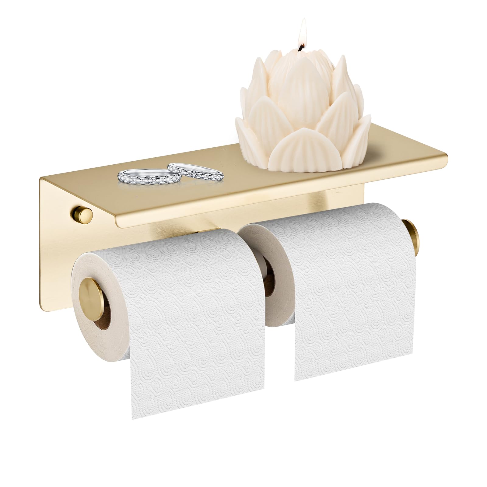 Double Toilet Smartphone Paper Holder with Shelf Brushed Gold, SUS 304 Stainless Steel Double Head Bathroom Wall Mounted Tissue Storage Rack (Brushed Gold) YIGUANXIN