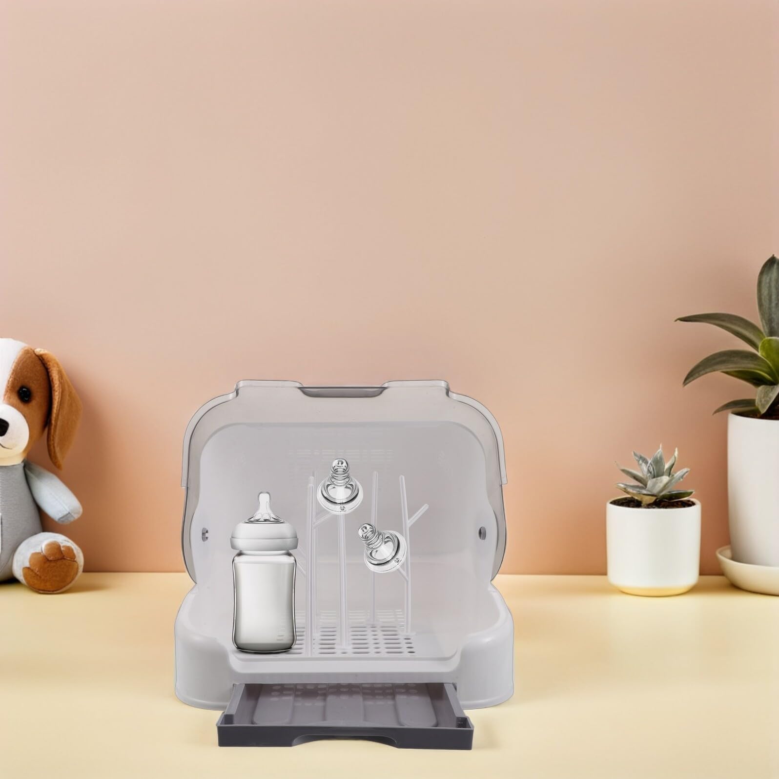 Babyflaschen Trockenständer Großzügig aus Freiem Kunststoff mit Staubschutzdeckel Abtropfschale und 6 Trocknungshaltern Hygienischer Flaschenhalter für Küchenarbeitsplatte