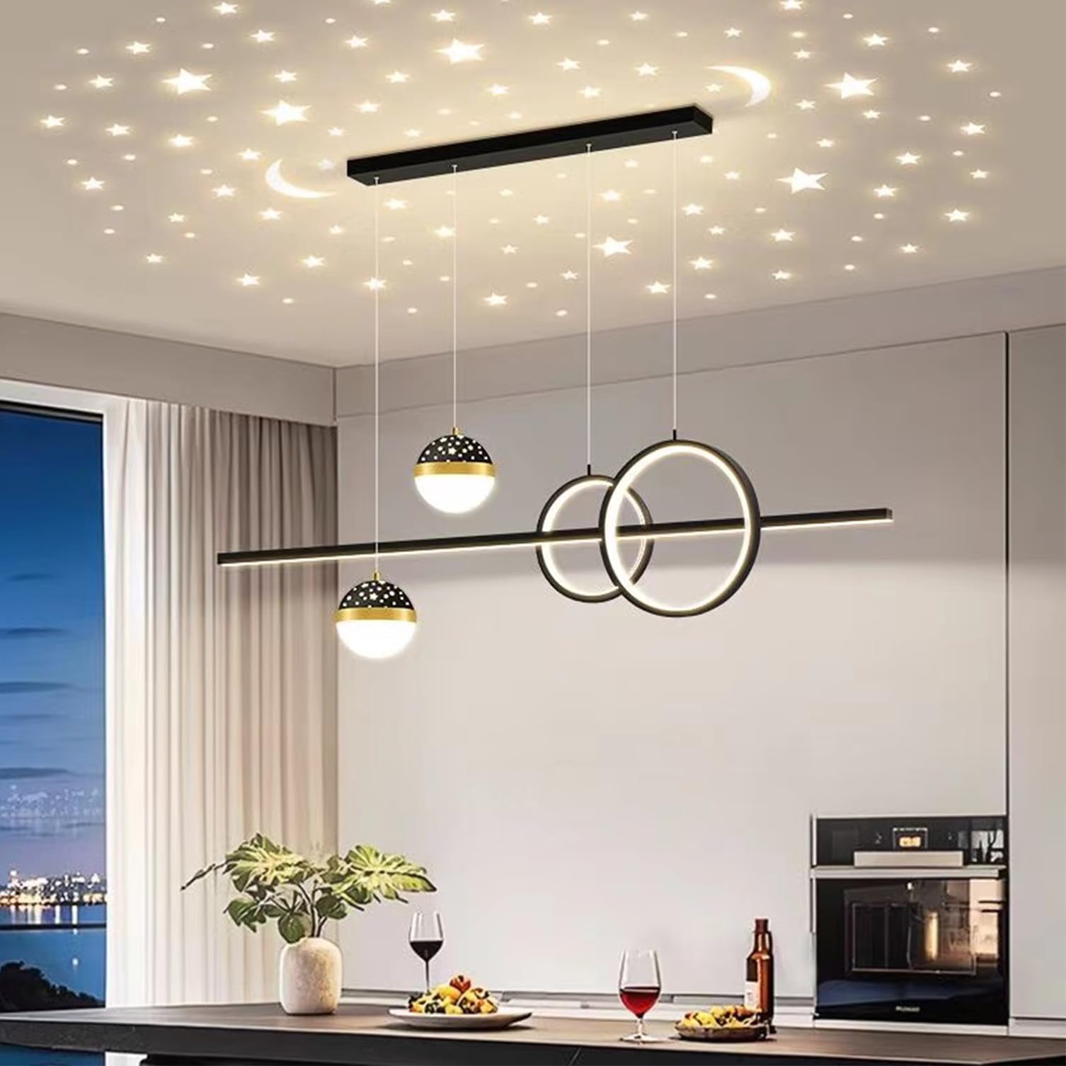 Modern LED pendant lamp dining room dimmable pendant lamp dining table black, Modern linear design pendant lamp with remote control, dining table lamp hanging for kitchen office lamp (Black, 150cm)