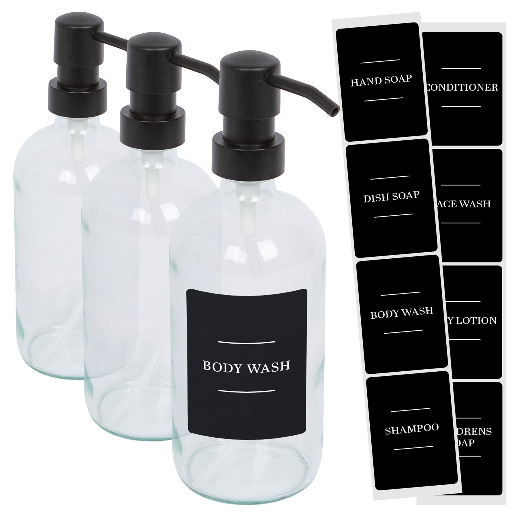 Harbour Housewares Glass Soap Dispensers with Labels Pack of 3-500ml Clear Refillable Bottles with Pumps and Black Labels - Bathroom and Kitchen Accessories for Hand Wash, Lotion or Sanitiser