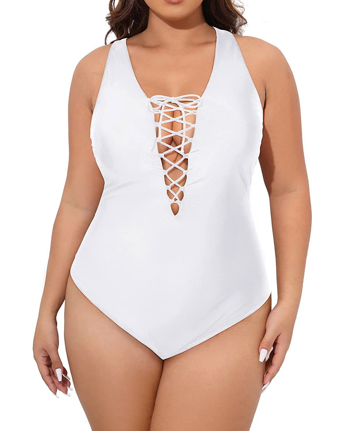 Daci White Plus Size One Piece Swimsuits for Women Lace Up Plunging Bathing Suit Tummy Control Slimming Swimwear 20 Plus