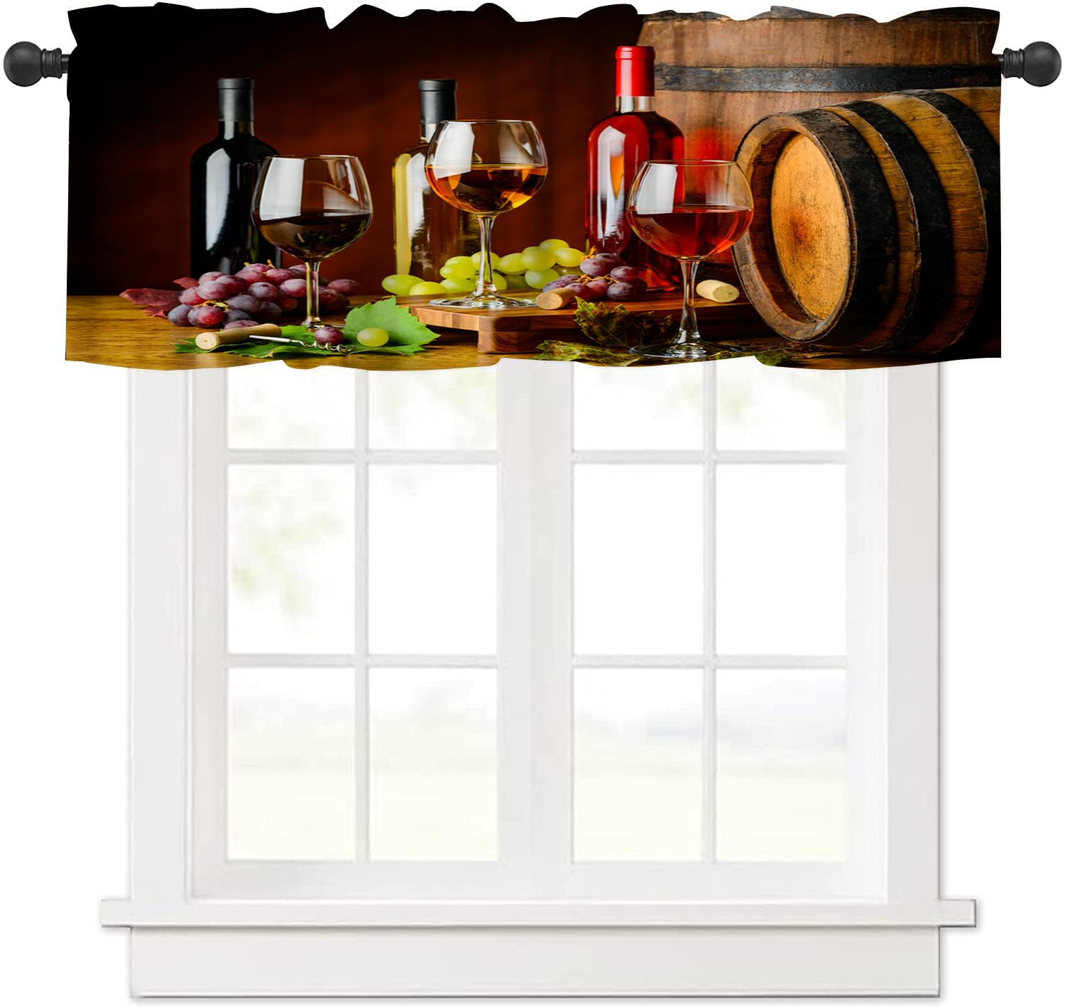 VUMIVI Wine Valance Curtains Rustic Winery Vintage Bottle Glasses Barrels Red Green Grapes Window Treatments for Bedroom Kitchen Living Dining Room