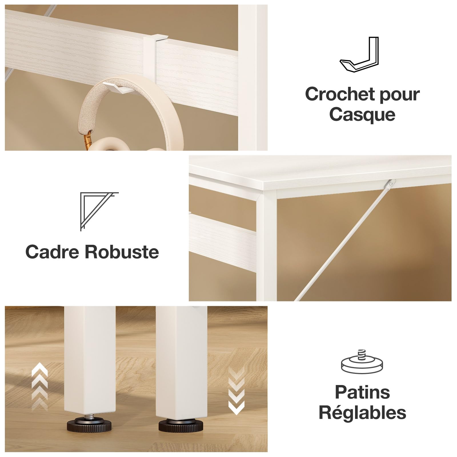 ODK Petit Bureau avec 4 Tiroir en Tissu, 100x48cm Bureau avec Rangement Table d'ordinateur avec Crochet pour Casque, Table Informatique pour Domicile, Blanc