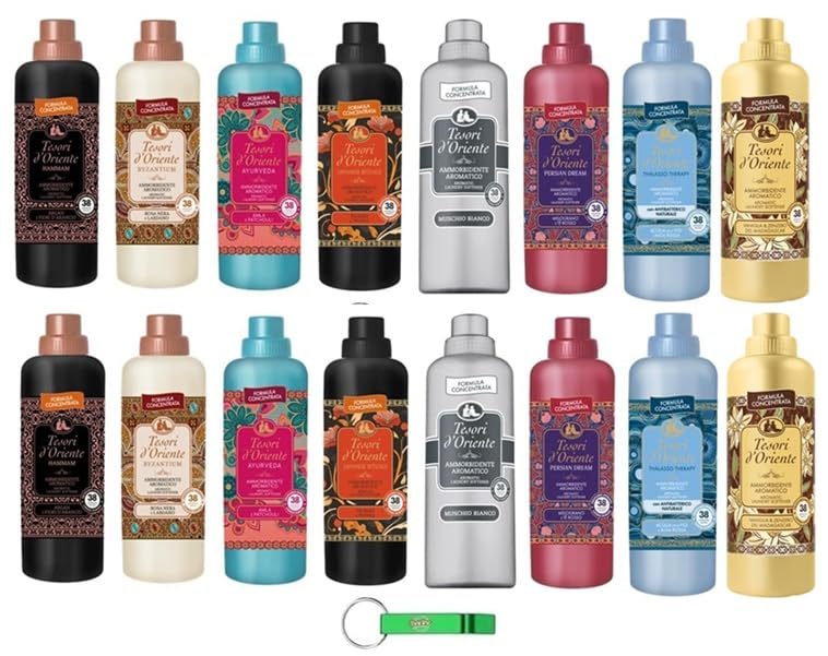 Testpaket Tesori d'Oriente Konzentrierter Weichspüler, Fabric Softener Alle Duftrichtungen – 8 verschiedene Duftrichtungen 16 x 760ml + Beni Culinari Kostenloser Schlüsselanhänger