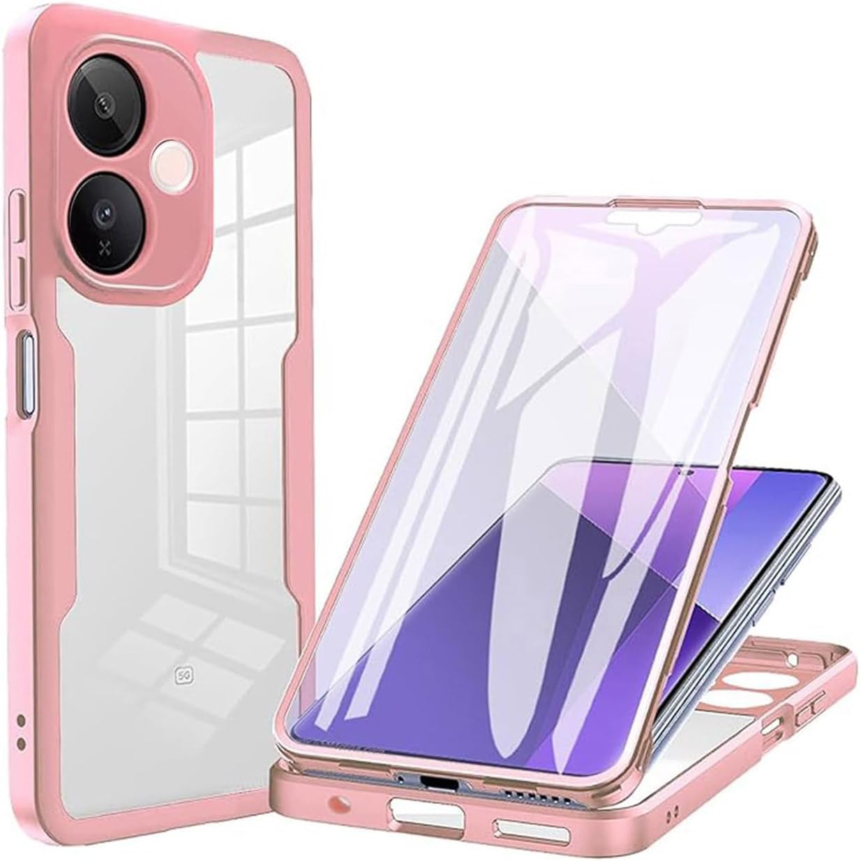 Clear Case for VIVO V60 Lite 5G/4G, 360° Full Body Military Grade Shockproof Cover with Built-in Screen Protector, Ultra Thin PC + Soft TPU Bumper Case. Pink