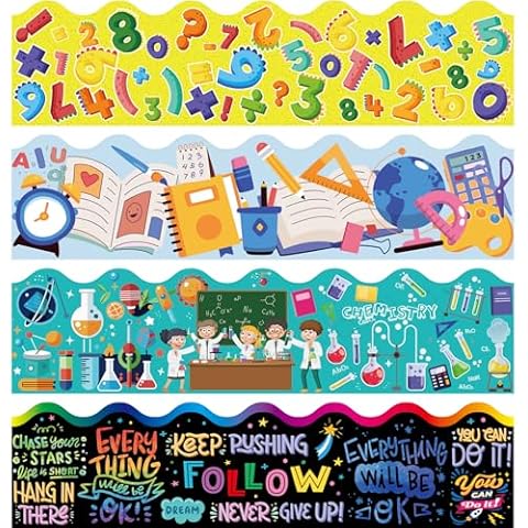 4 Rolls 131ft Back to School Bulletin Board Borders,Science Lab Border Trim,Motivational Scalloped Trim for Home Office Classroom Wall Chalkboard Decoration ﻿ Cover