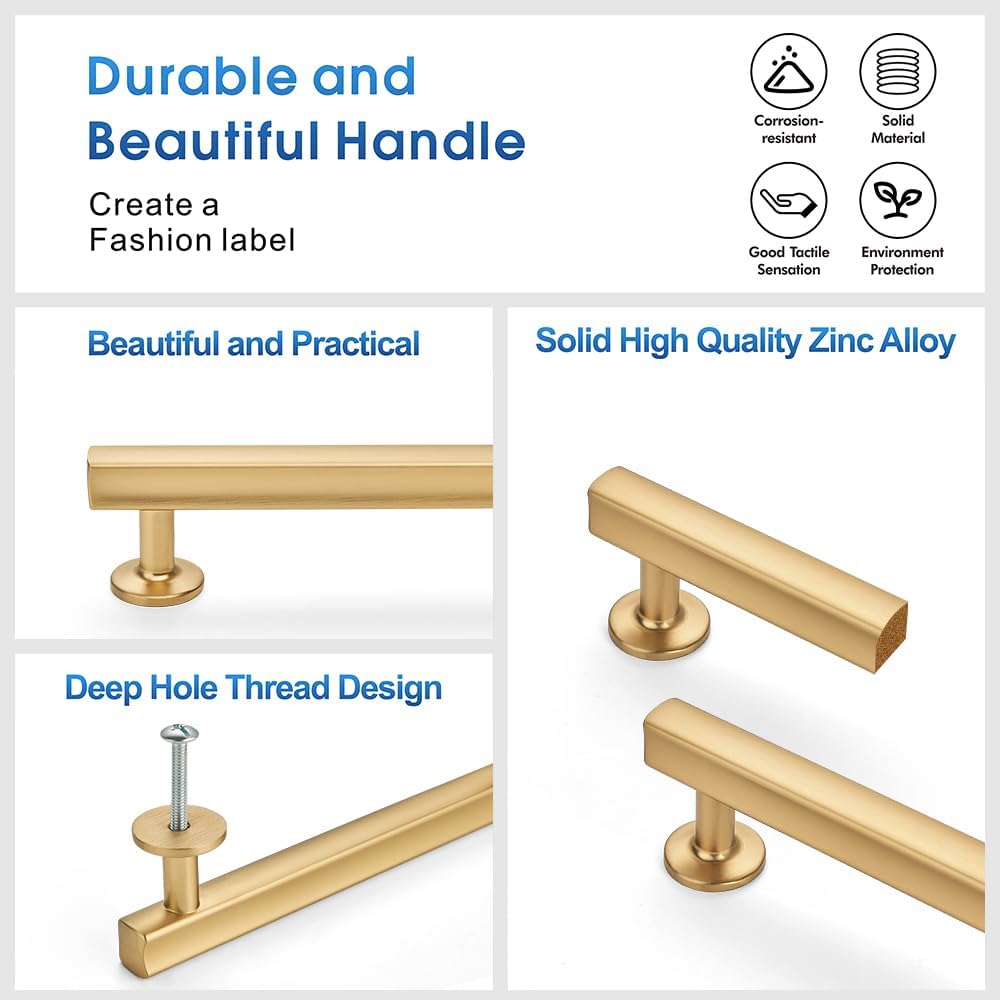 CHIVS 10 Pack Champagne Bronze Cabinet Handles with 5"(128mm) Hole Center, Square Kitchen Hardware for Cabinets & Drawers, Solid zinc Alloy Pulls,for Drawers and Cabinets