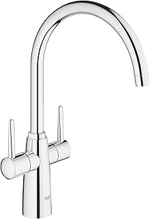 GROHE Ambi QuickFix - Two-Handle Kitchen Sink Mixer Tap (High C-Spout, 0°/150°/360° Adjustable Swivel Area, 1/2 Inch Tails, Minimum Recommended Pressure 0.4 Bar), Size 377 mm, Chrome, 30189000