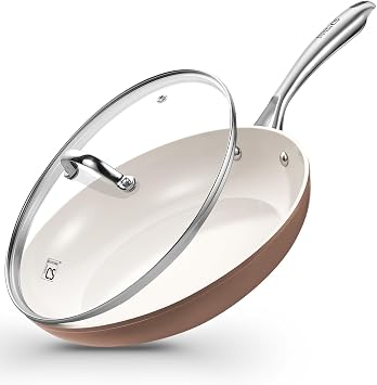 KOCH SYSTEME CS 10 Inch Nonstick Frying Pan with Lid, Ceramic Frying Pan with Stainless Steel Handle, Ceramic Nonstick Skillet for Cooking, Induction Skillet, Free of PFOA & PTFE, Oven Safe, Brown