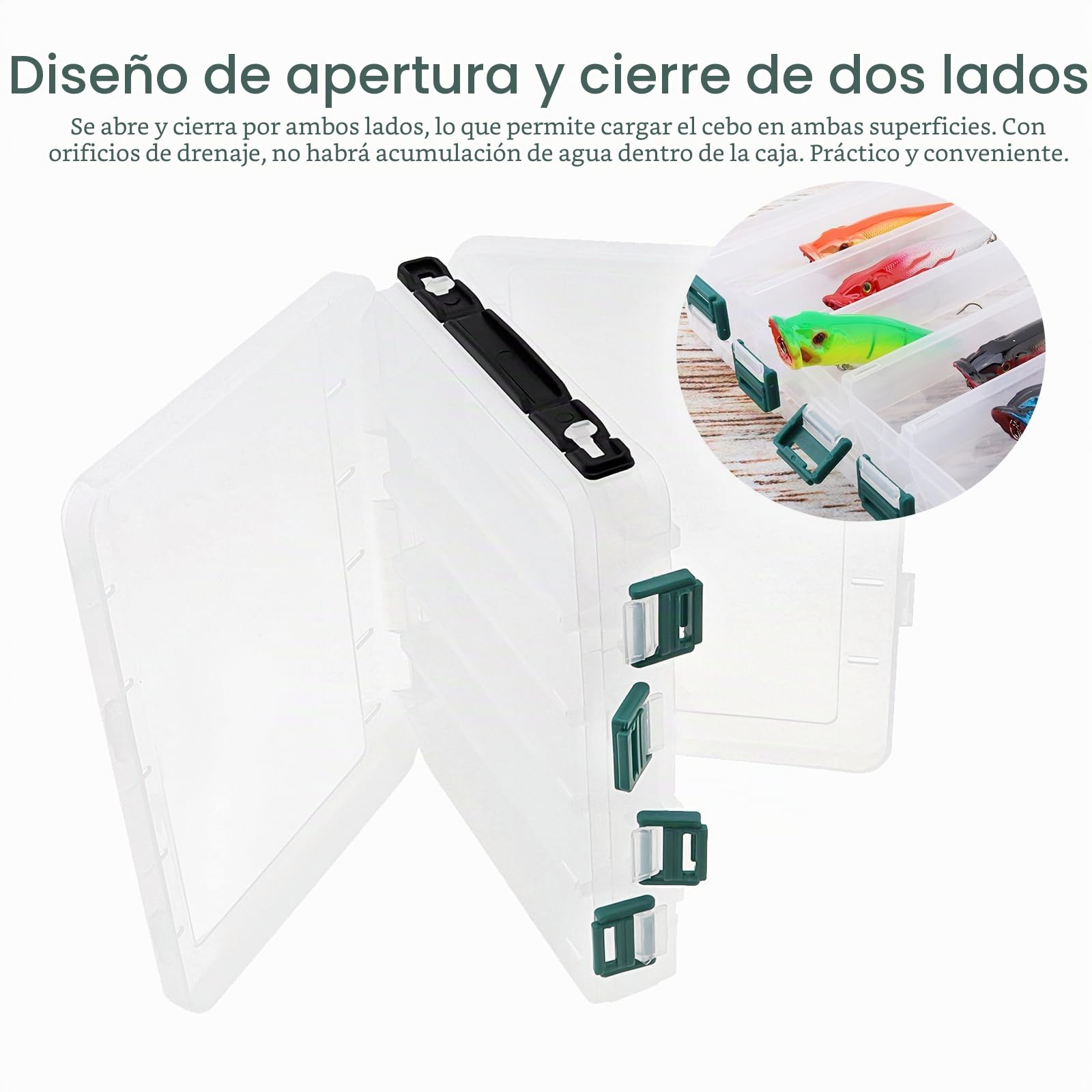 Caja de señuelos de pesca de doble cara, cebo de pesca visible transparente, anzuelos de calamar, caja de almacenamiento de aparejos de pesca de plástico (10 rejillas de 20 x 16 x 5 cm)