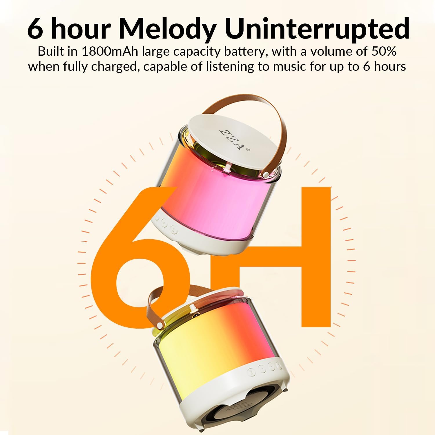 Graphic showing the ZZA K3 Mini Karaoke Machine's 6-hour battery life