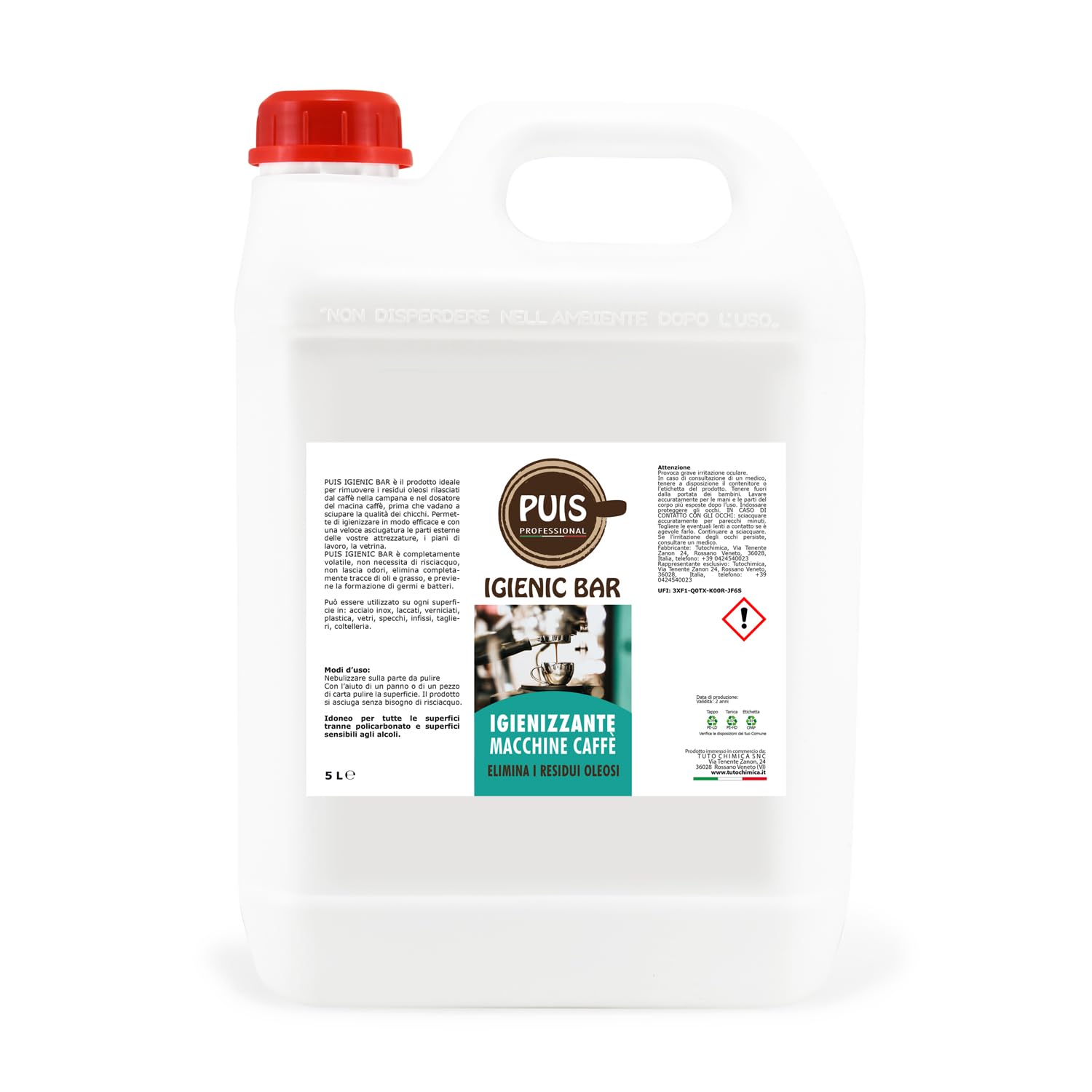 Puis Igienic Bar Igienizzante Superfici e Macchine Caffè, Azione Sgrassante - 5L