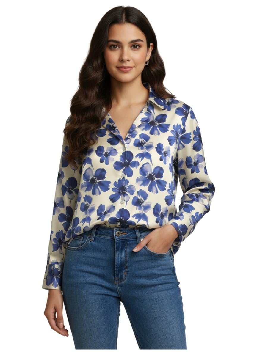 ANNI Designer Bedrucktes Damenhemd aus Baumwollmischgewebe, langärmelig, normale Passform, Hemdkragen, legere Bürokleidung, elegante Western-Kleidung für den Alltag, Hochzeit, Party