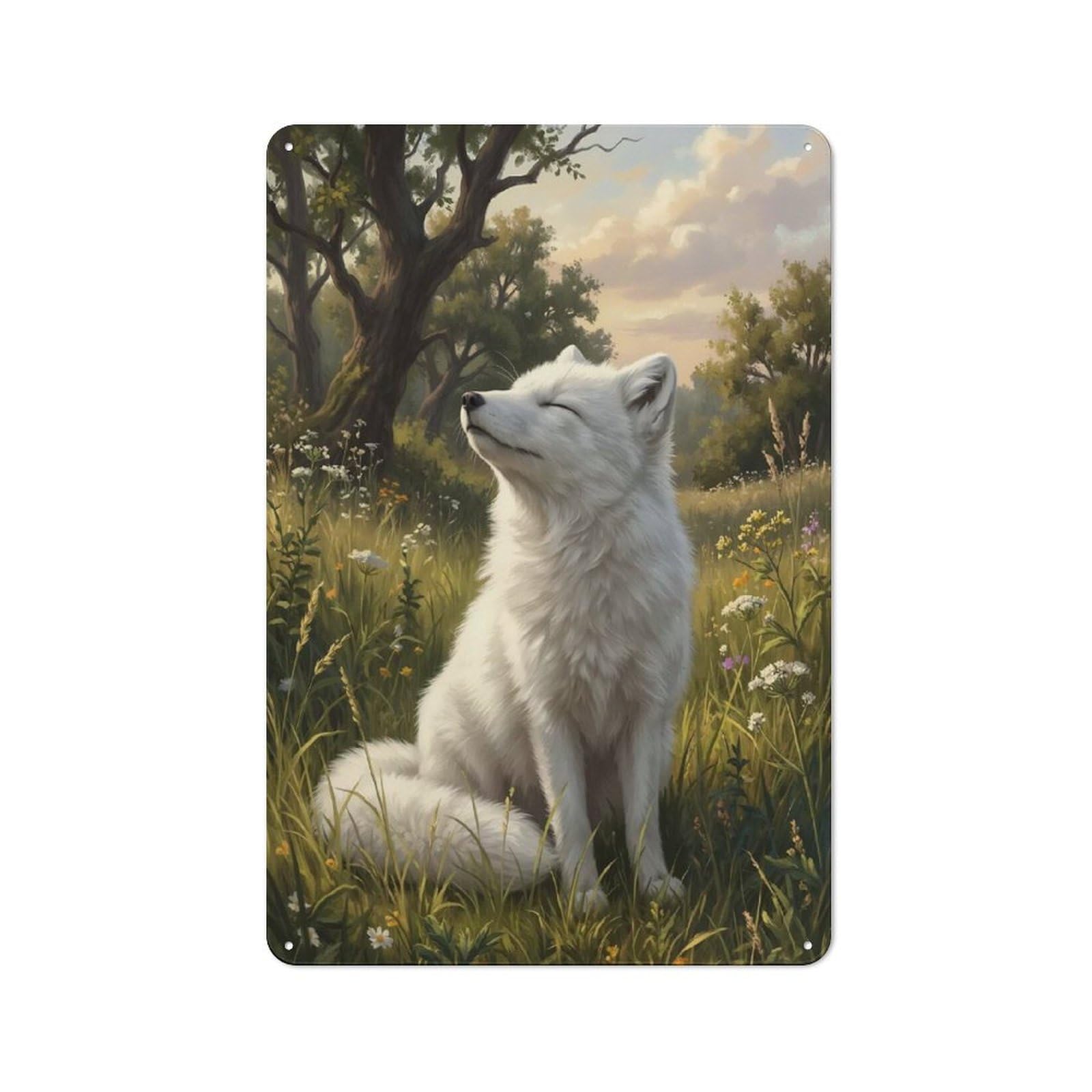 Junmoney Style-8 Vintage Tin Sign With White Fox In Meadow Design 30X20cm, Vintage Cafe Wall Decor For Coffee Bar, Kitchen, Bistro Or Tea Corner