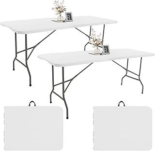 2 Pack 6 FT Folding Tables White Foldable Table, Fold-in-Half with Carrying Handle Portable Plastic Rectangular Table for Party, Dining, Wedding, Camping, Picnic, Indoor Outdoor Events