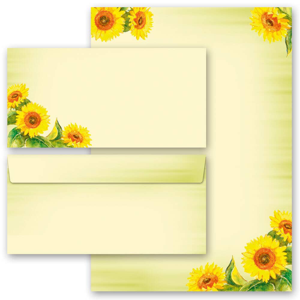 40-pc. Complete Set Summer Motif, Sunflowers Flowers & Petals 20 Sheets of Stationery Paper + 20 Matching envelopes DIN Long windowless | Paper-Media