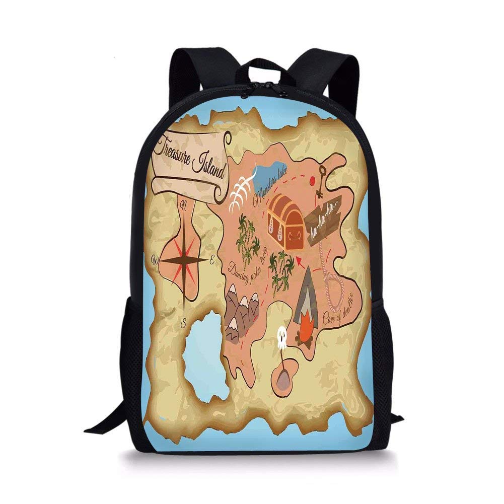 School Bags Island Map,Ancient Treasure Map of Tropical Beach with Chest Key Mystical World Theme,Cream Pink Blue for Boys&Girls Mens Sport Daypack