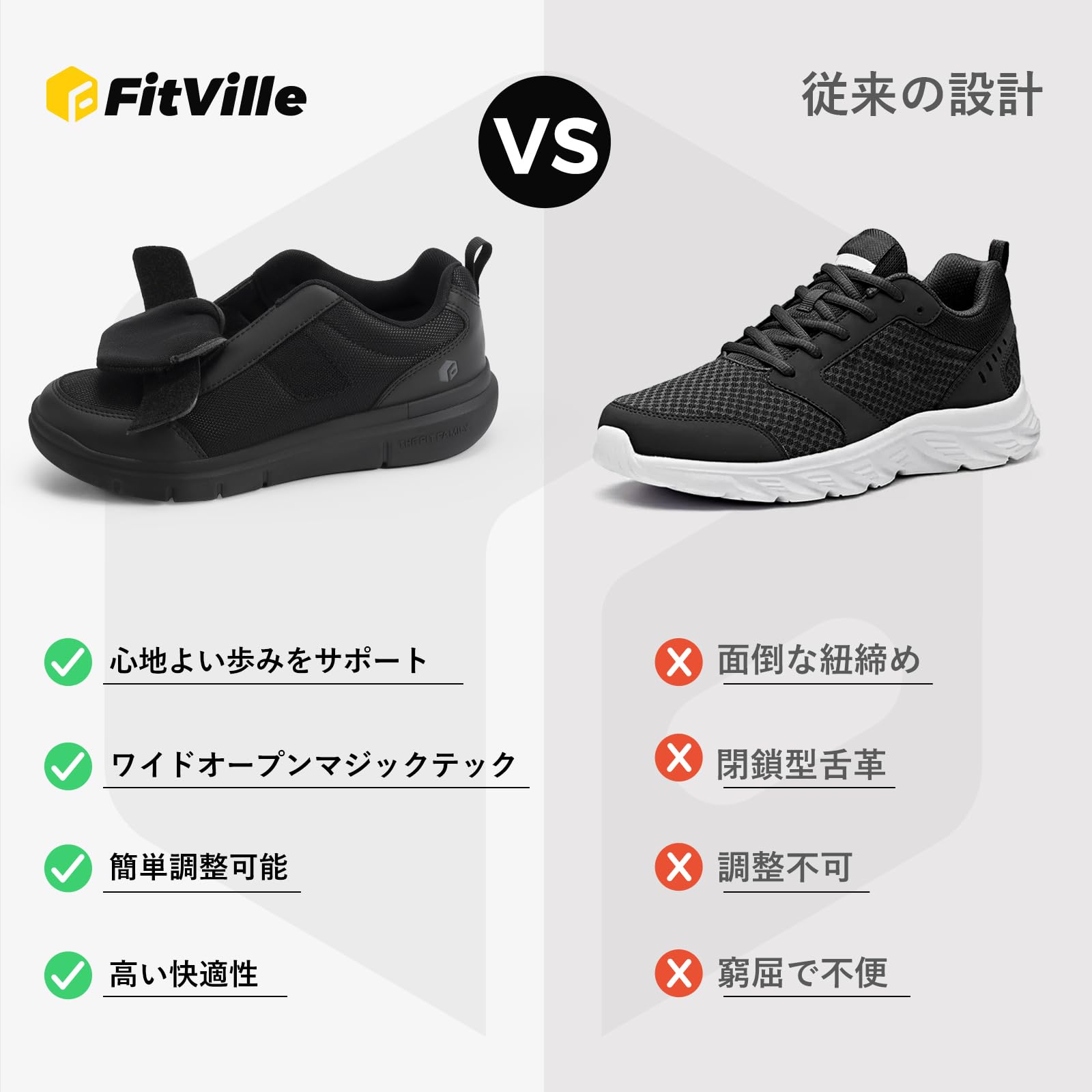 [FitVille] 介護シューズ メンズ 2E 4E 6E 幅広 介護用靴 マジックテープ付き 超軽量 高齢者 靴 ギプスシューズ 手を使わずに履けるスニーカー 転倒予防 - 4