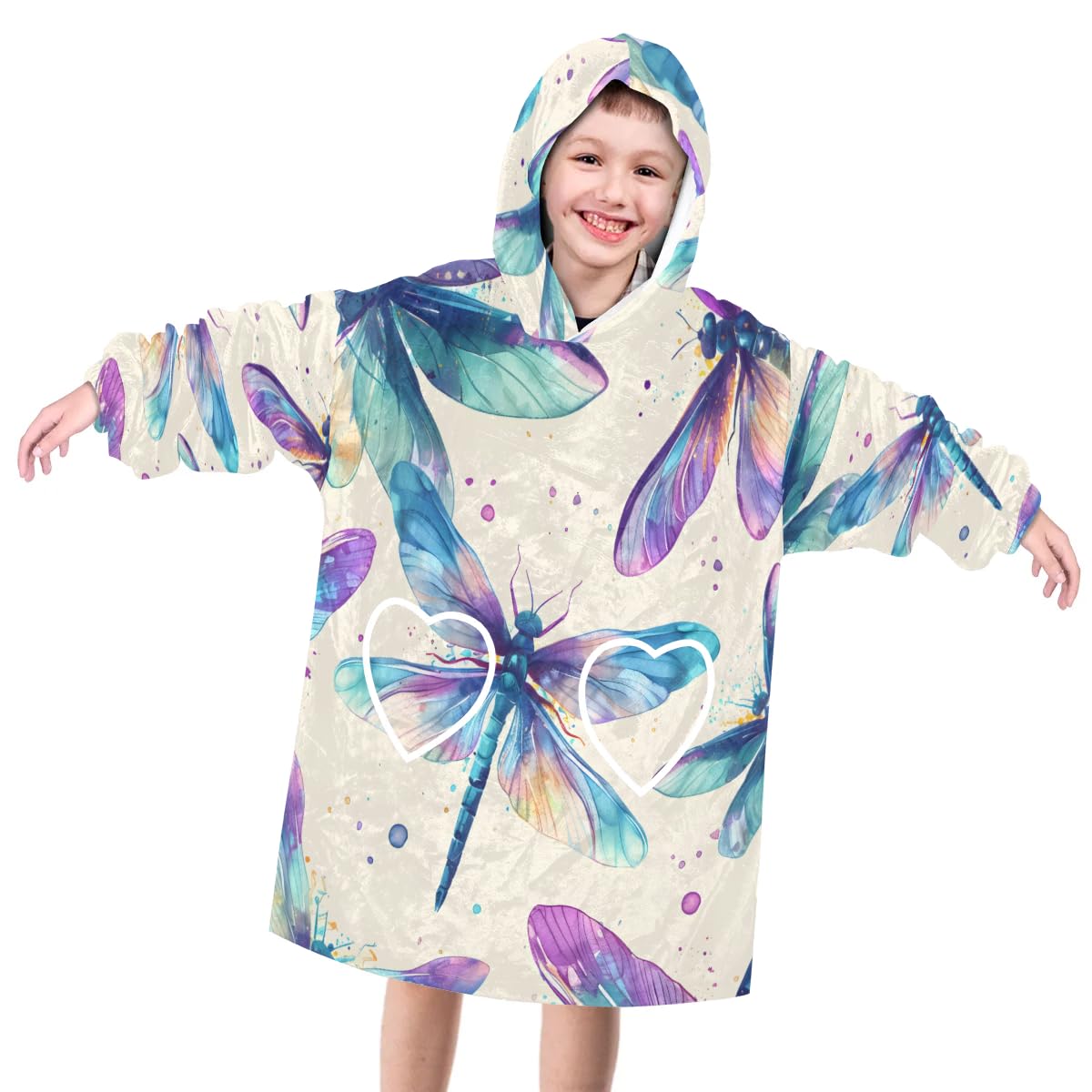 Pardick Wearable Blanket Hoodie for Kids, Cute Dragonflies Fleece Sweatshirt Blanket Oversized Blanket Sweatshirt with Pocket Flannel Warm Hooded Blanket 6-10 Year Old Girl Boy Gift, One Size