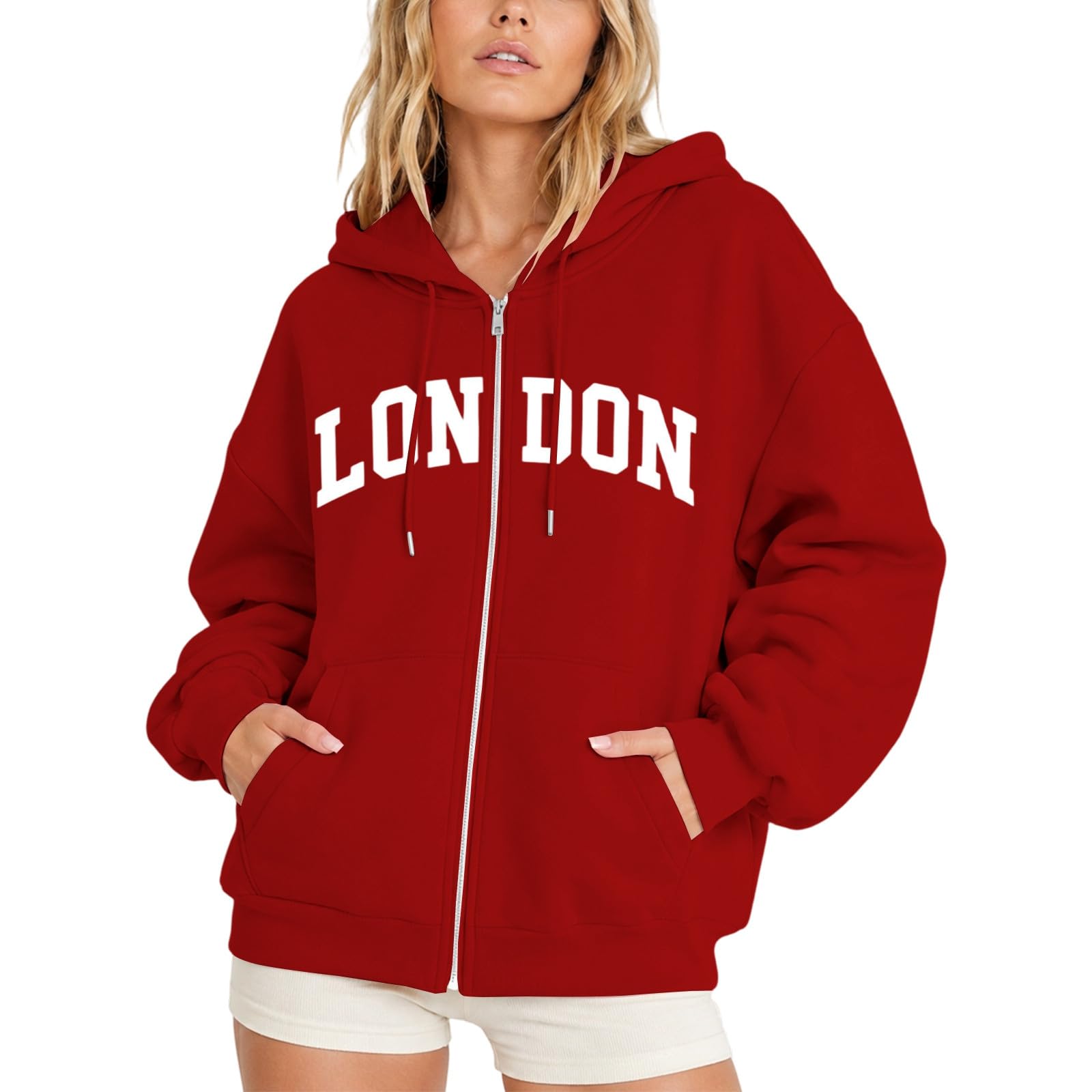 Zip Up Hoodies for Women UK 2026 British England London Letter Print Long Sleeve Full‑Zip Hooded Sweatshirt Fleece Winter Jackets Casual Oversized Pullover Jumper Tops Loose Hoody Coat Outwear