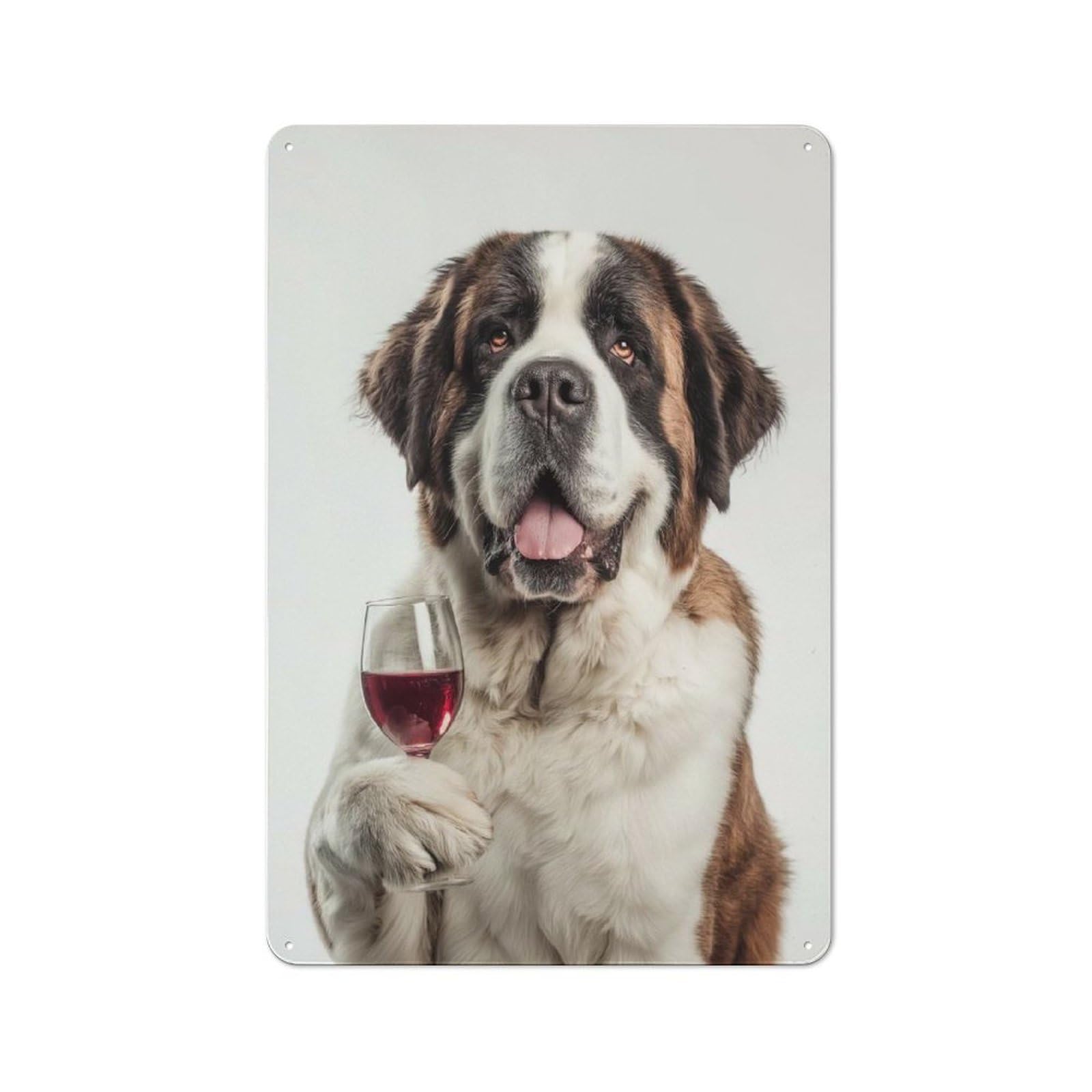 Junmoney Saint Bernard Dog With Wine Glass Tin Wall Plaque 30X20cm, Rustic Farmhouse Wall Decor For Dining Room, Cafe, Entryway Or Family Room