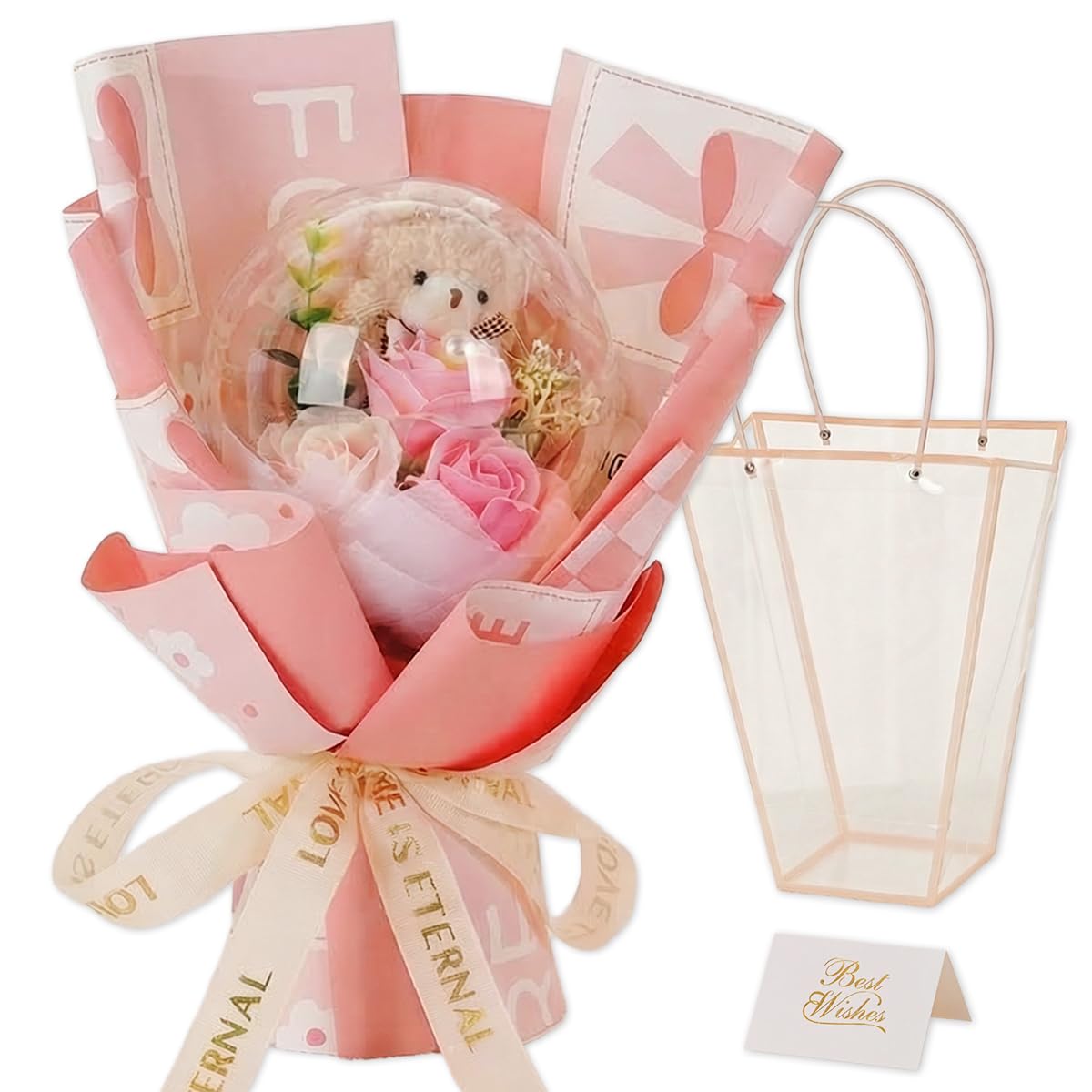 バルーンブーケ 花束 ソープフラワー 母の日 枯れない花 くまさん 卒業式 誕生日 記念日 結婚祝い 敬老の日 プレゼント (ボール型（ピンク）) - 1