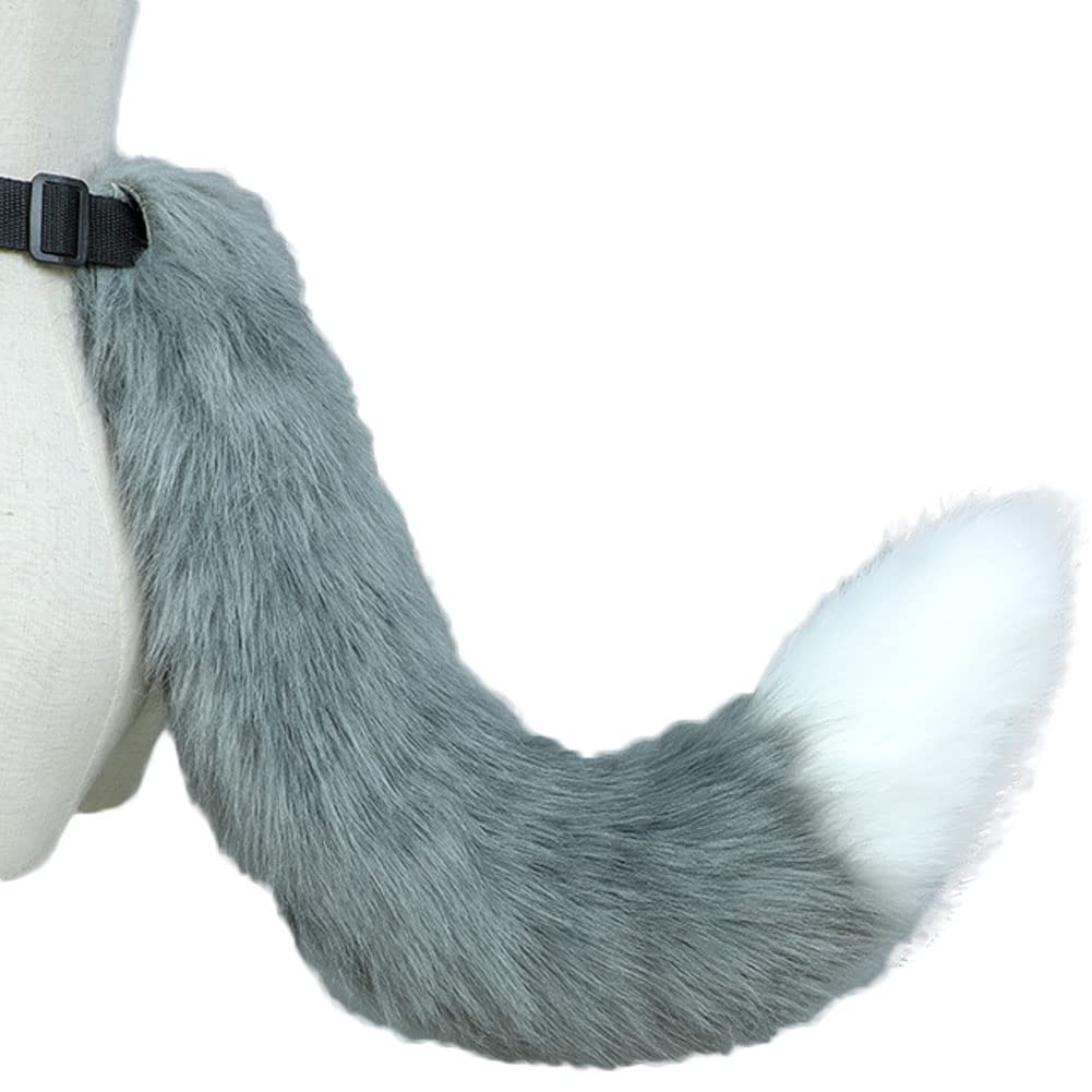 Camelliass Fluffy Faux Fur Fox Tail Fancy Dress Animal Tail Cosplay Anime Dress Up Party Costume Accessories (Grey & White)