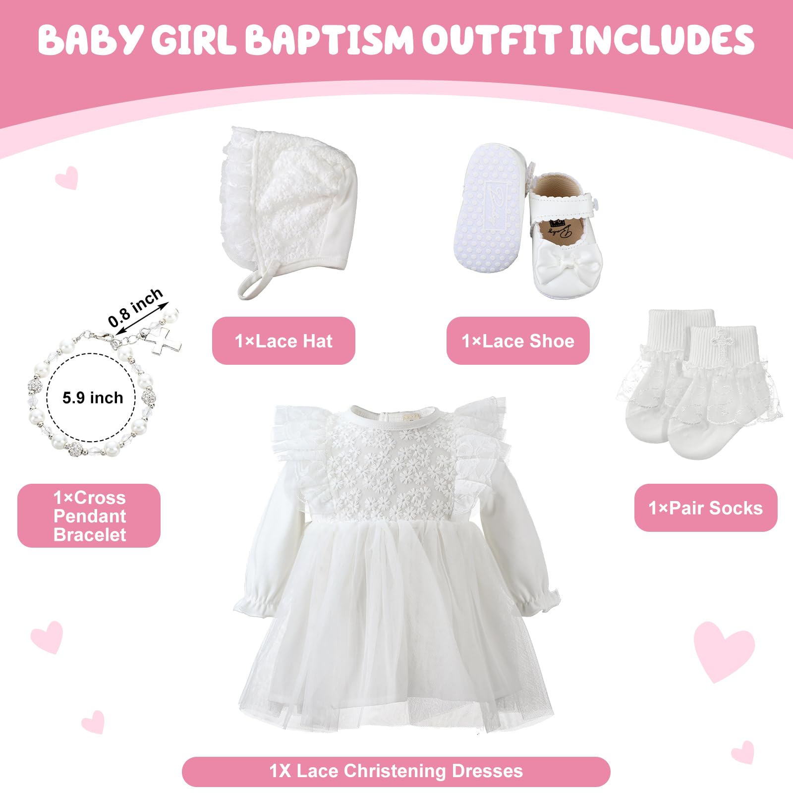 Juego de 5 piezas de vestido de bautizo para niña, incluye vestidos de bautizo, sombrero, cruz, pulsera, calcetines, zapatos