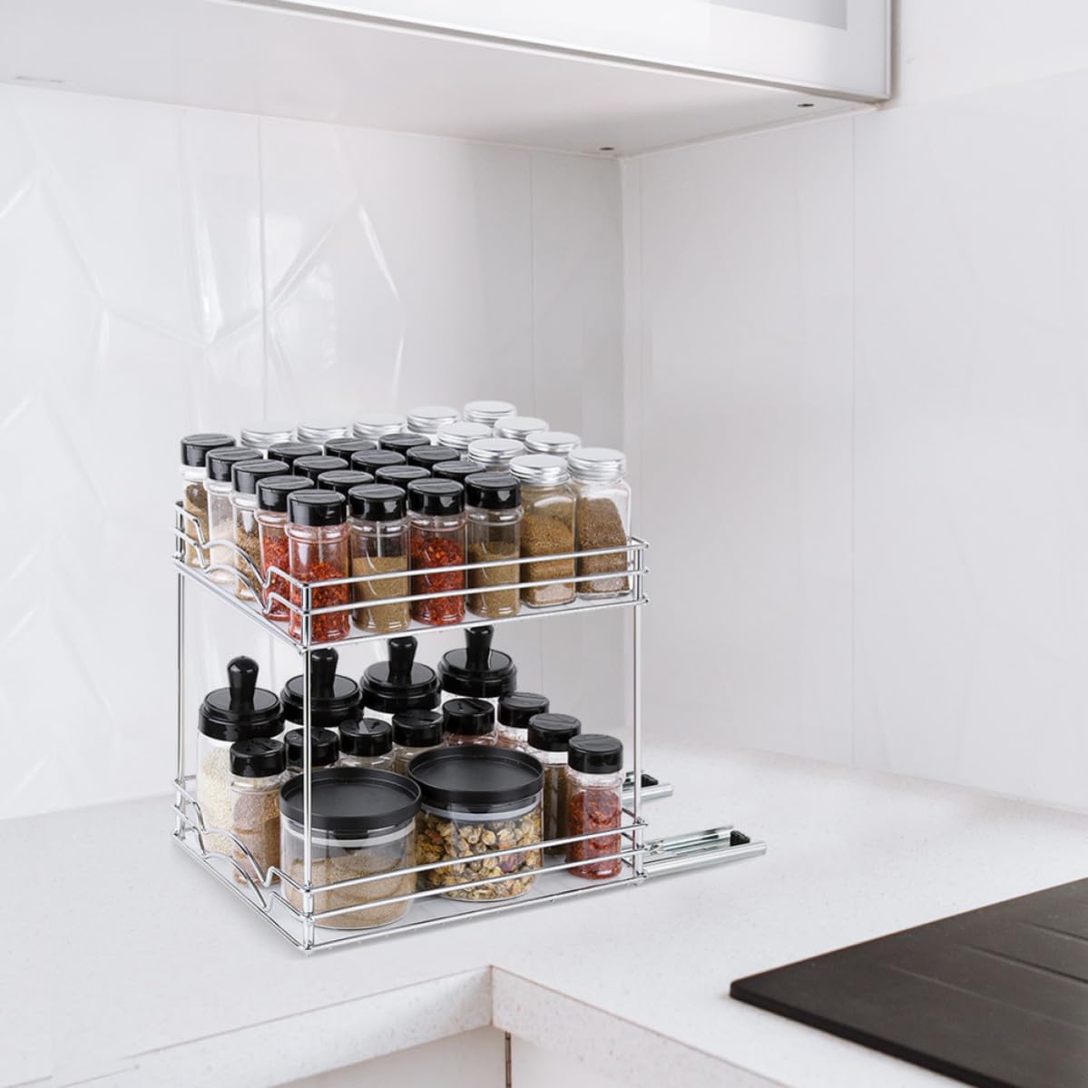 Estante Doble Soporte para Botellas de Condimentos para Especias de Cocina de Metal Diseño Vertical para Optimizar Espacio en Cocina Pequeña