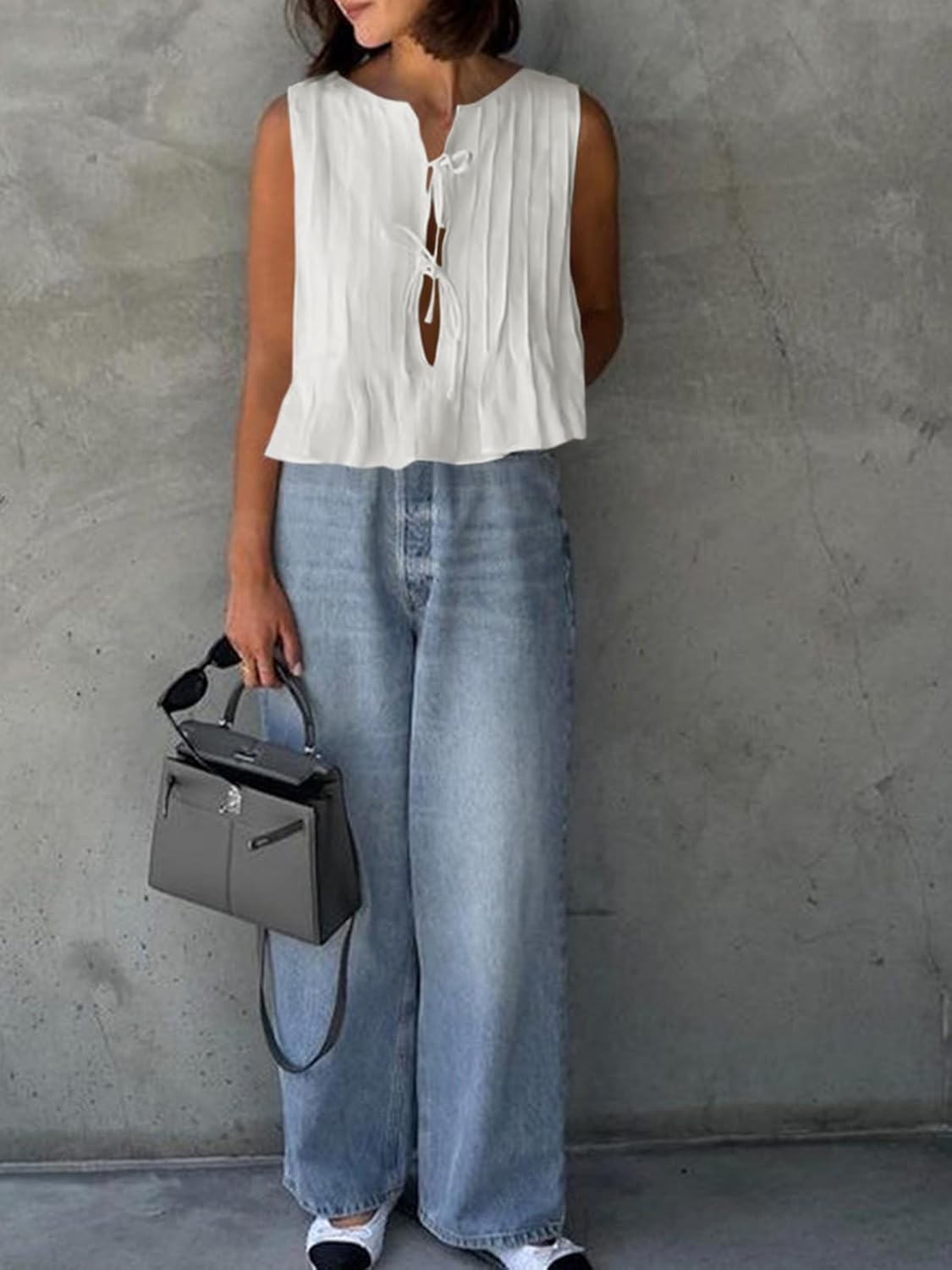 Cicy Bell Womens Bow Front Tie Tank Tops Pleated Babydoll Top Sleeveless Cute Coquette Shirt Summer Outfits - Image 3