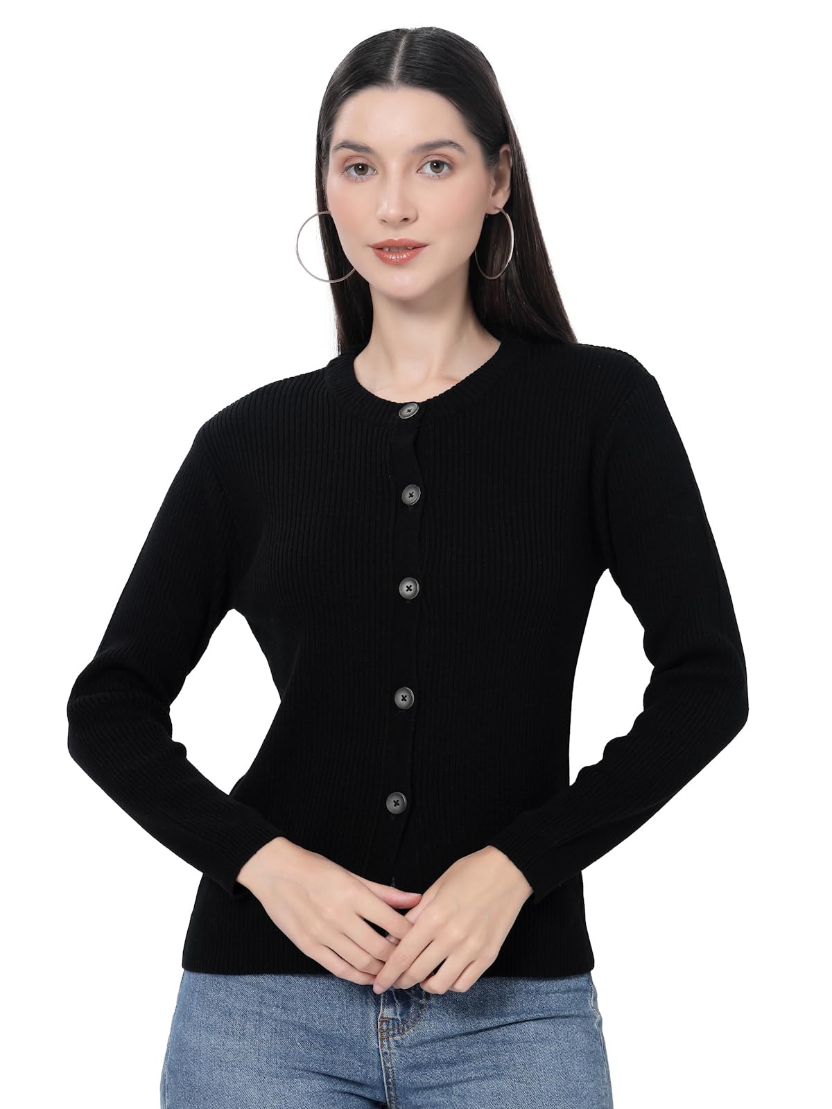 Women Full Sleeves Round Neck Design Acrylic Cardigan Sweater