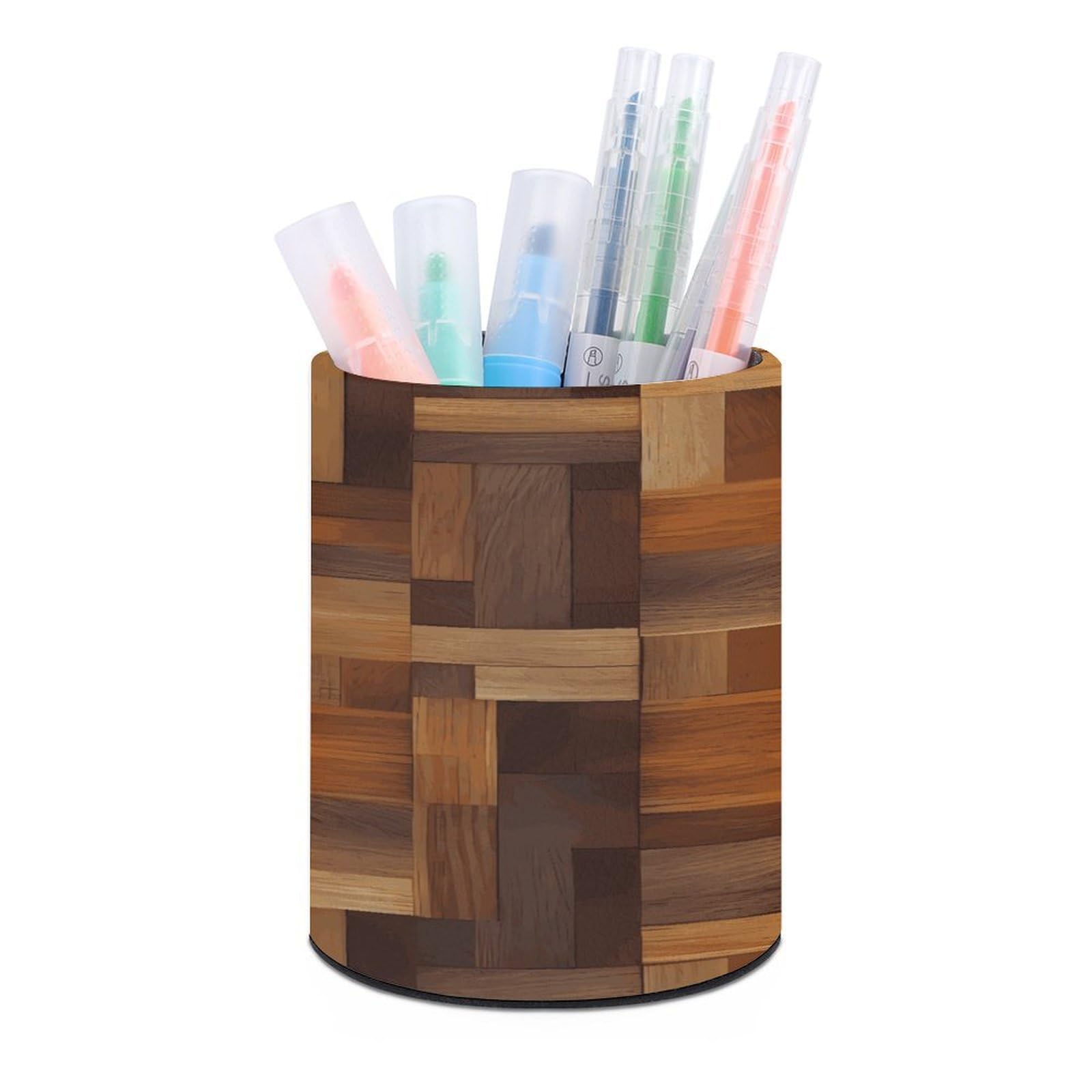 VstaDank Wooden Pen Holder Round Pencil Holder Cup Pen Container PU Leather Desk Organizer Stand Decorative Brush Scissor Holder Decoration Office Desk Home (3.1 x 3.9 inch)