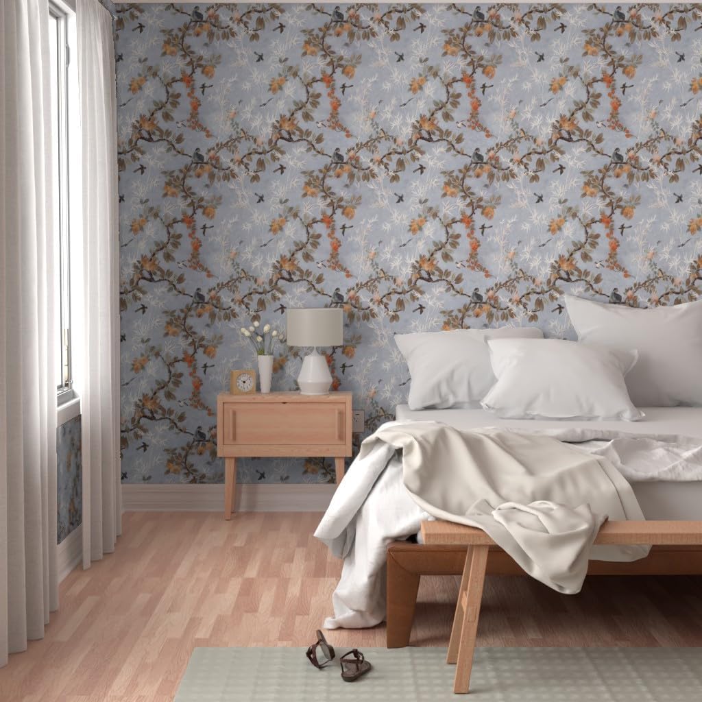 Spoonflower Removable Wallpaper 12ft x 2ft - Chinoiserie Vintage Dusty Blue Sky Floral Birds Chinese Antique Custom Pre-Pasted Wallpaper
