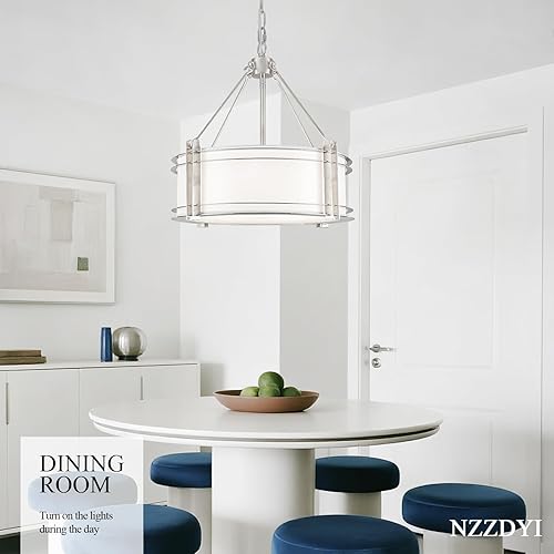 Miniatura 3 de Candelabro de tambor de 16.3 pulgadas, 3 luces, níquel cepillado, moderno, de tela blanca, lámpara colgante de tambor ajustable para comedor,
