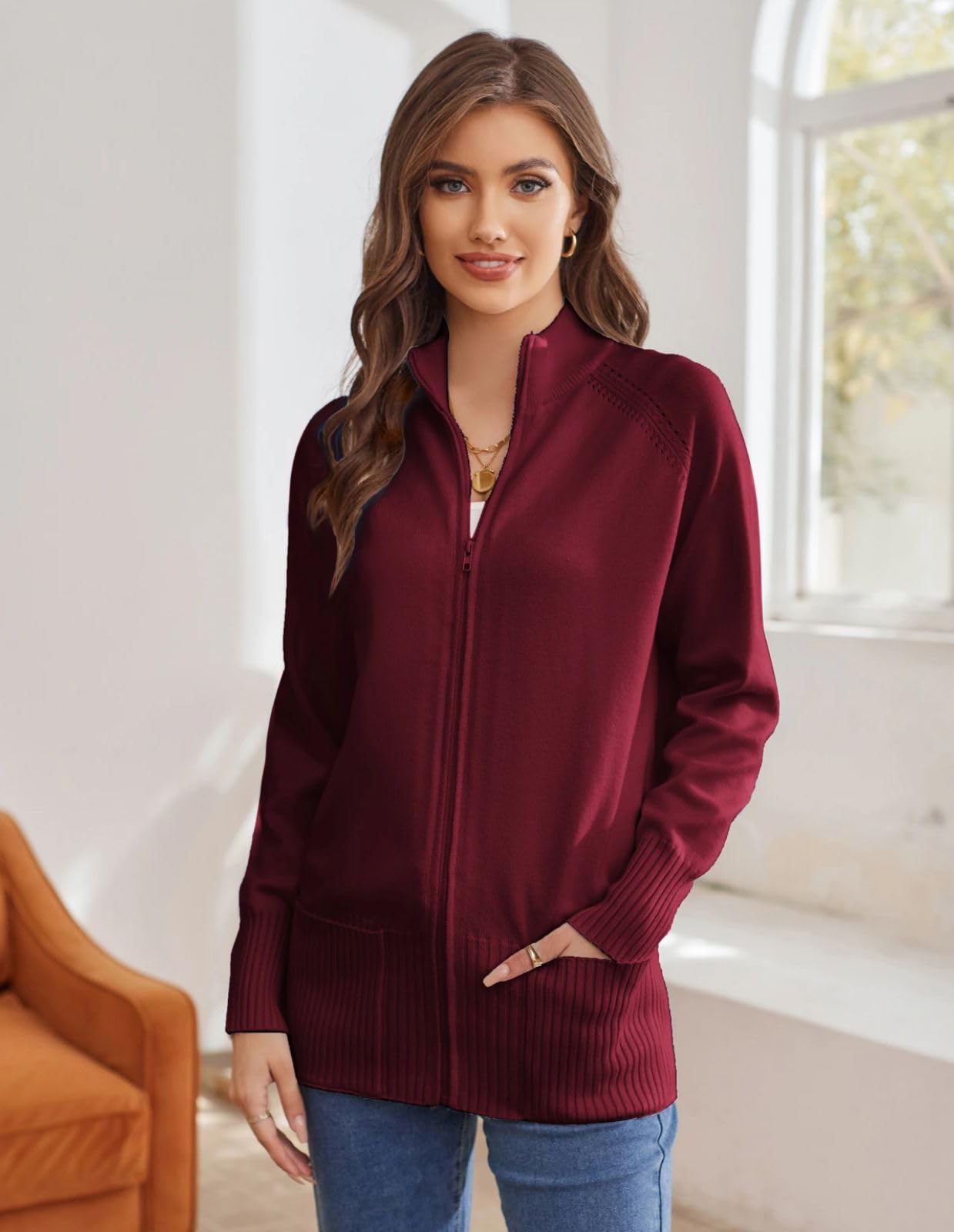GRACE KARIN Cardigan da donna a maniche lunghe con cerniera e tasche, colletto alla coreana, con cerniera intera, giacche autunnali alla moda