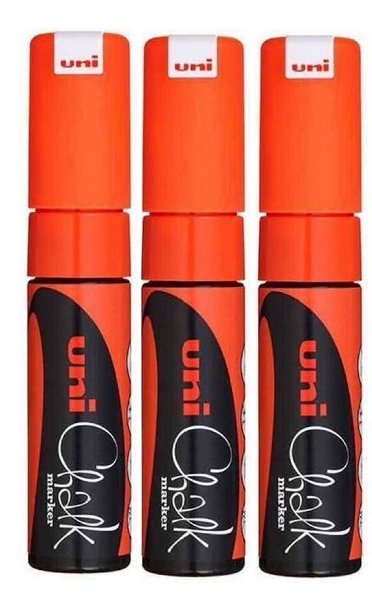 Uni-Ball Orange Uni Fluorescent Neon Chisel Tip Nib (8Mm) Liquid Chalk Marker Pen Colour Whiteboard Blackboard Chalkboard Menu Glass Windows Wet Wipe Non Permanent (Pack Of 3) Pwe-8K