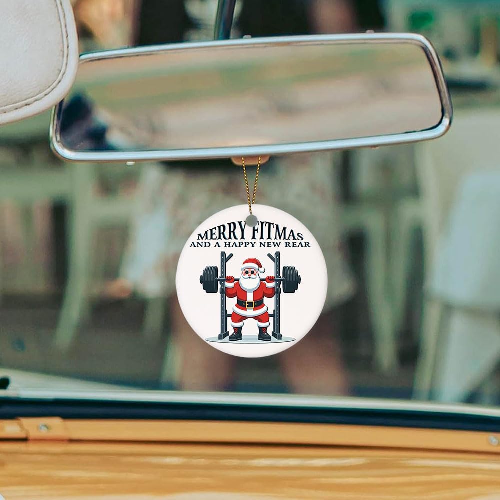 Christmas Ornament - Merry Fitmas Ceramic Ornament, Funny Santa Gym Ceramic Tree Decor, Fitness for Gym Lovers, Bodybuilders, Weightlifters, Personal Trainers - Image 5