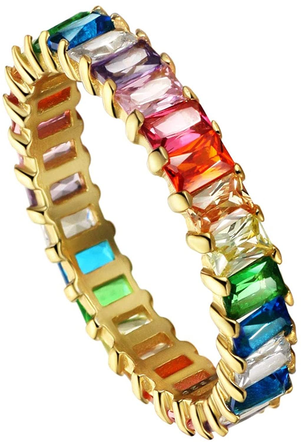 Michooyel Sterling Silver Eternity Rainbow Ring Band Ring for Women 18K Gold Plated Baguette Multicolor Cubic Zirconia Eternity Ring