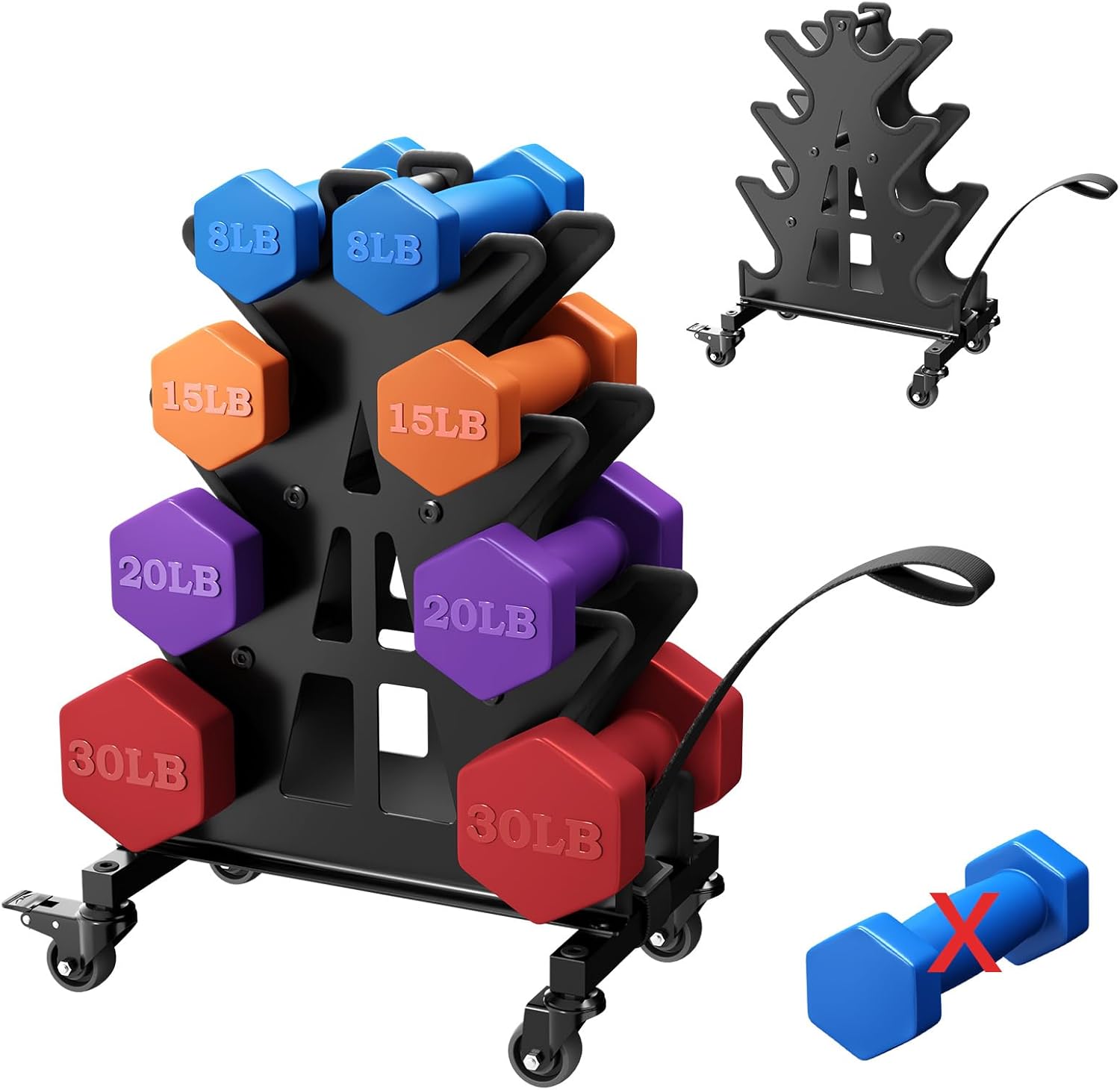 4-Tier Dumbbell Rack on Wheels – Portable A-Frame Weight Rack for Home Gym, Fits 3-30 lb Dumbbells (Rack Only)