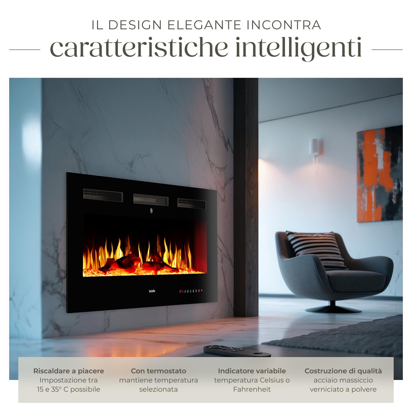 tectake® Caminetto elettrico da parete, Camino Elettrico 106,5x43x12 cm, 2 livelli di riscaldamento 900 W e 1800 W, 6 colori per effetto fuoco finto LED 3D, controllo app e WiFi e telecomando, Stufa