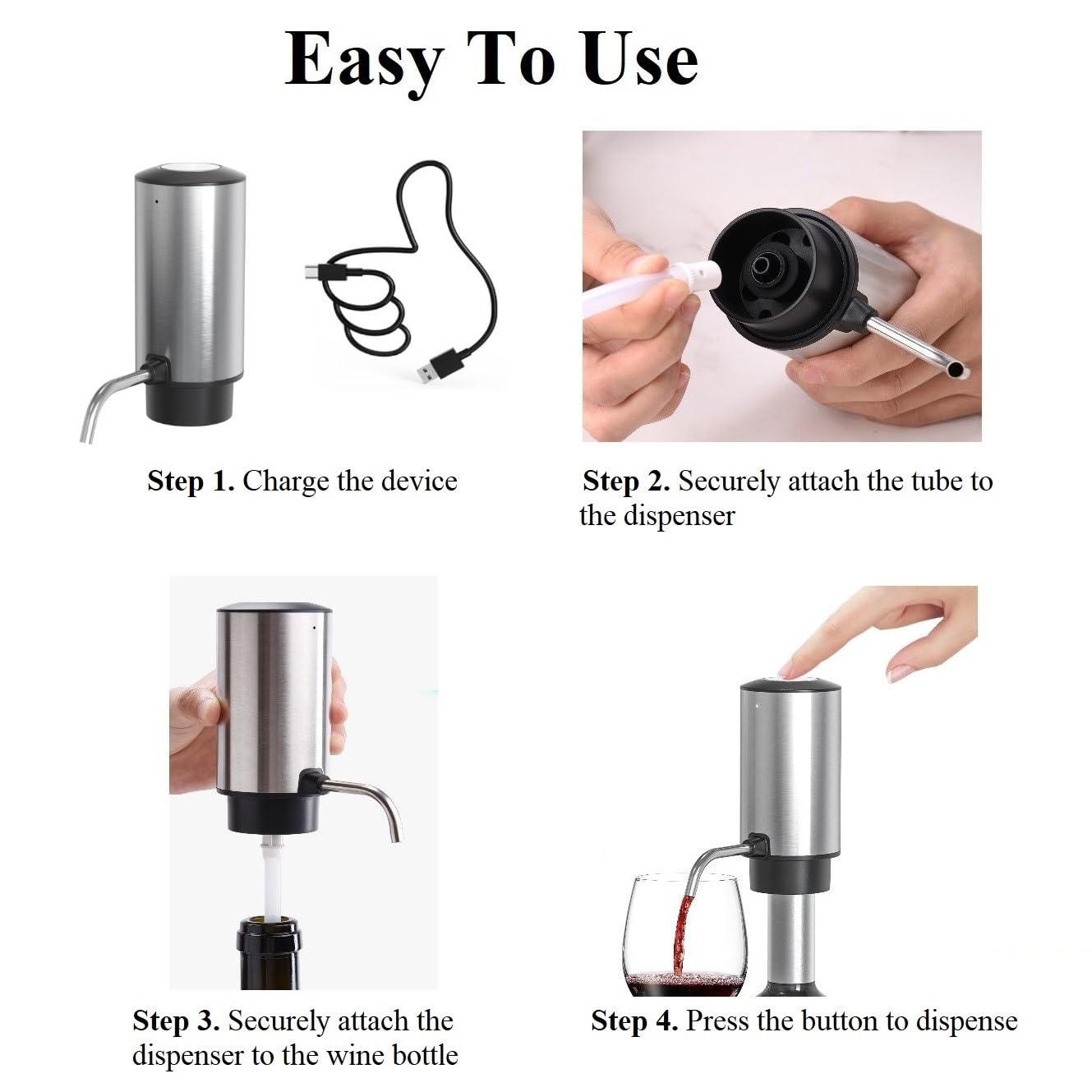 Decantador de vino eléctrico, aireador de vino recargable, vertedor de vino y regalos de vino para amantes del vino, acero inoxidable, recargable