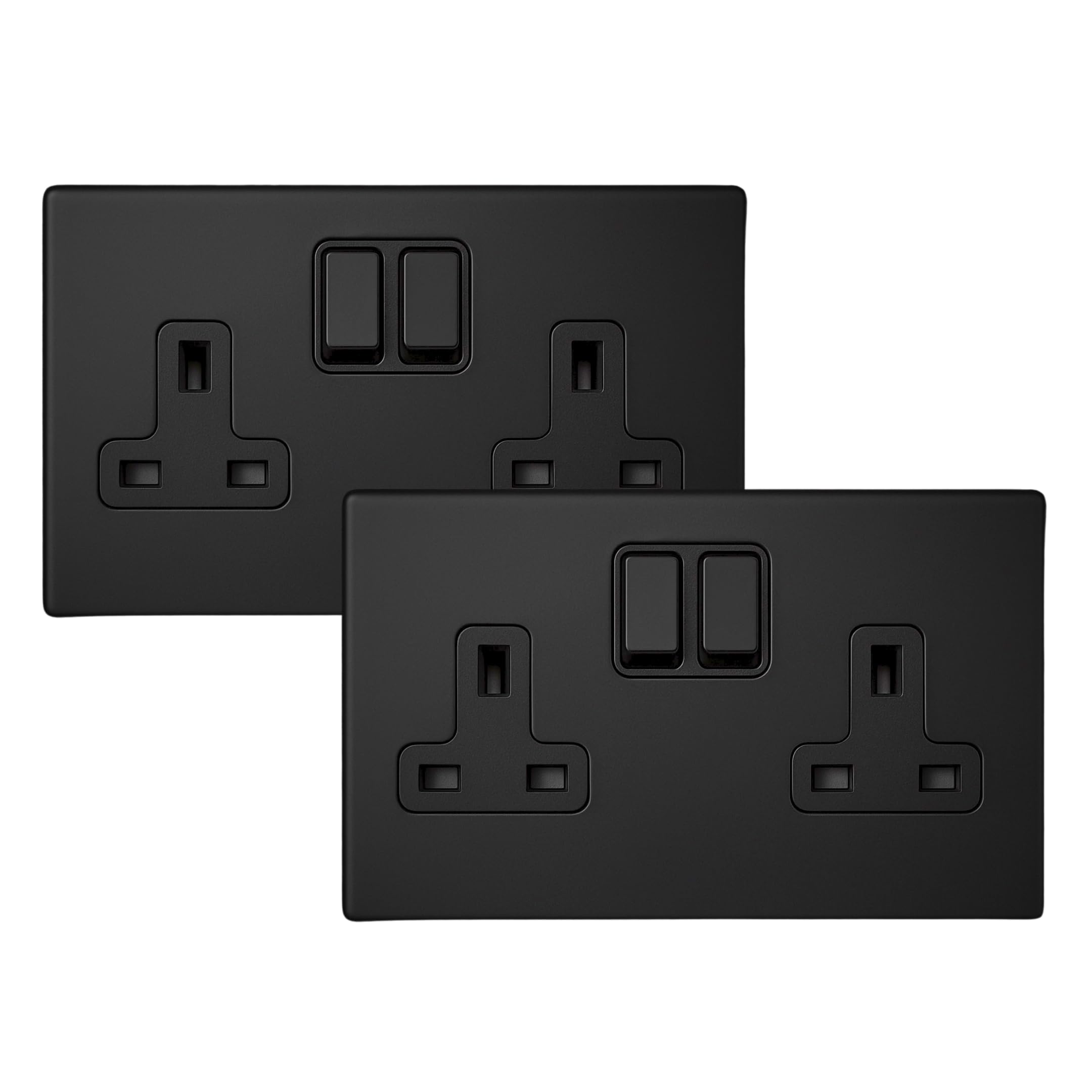 SHPELEC® Matt Black Screwless 2 Gang Plug Socket 13A – 4mm Slim Metal Plate Double Socket for Modern UK Electrical Installations (Pack of 2)