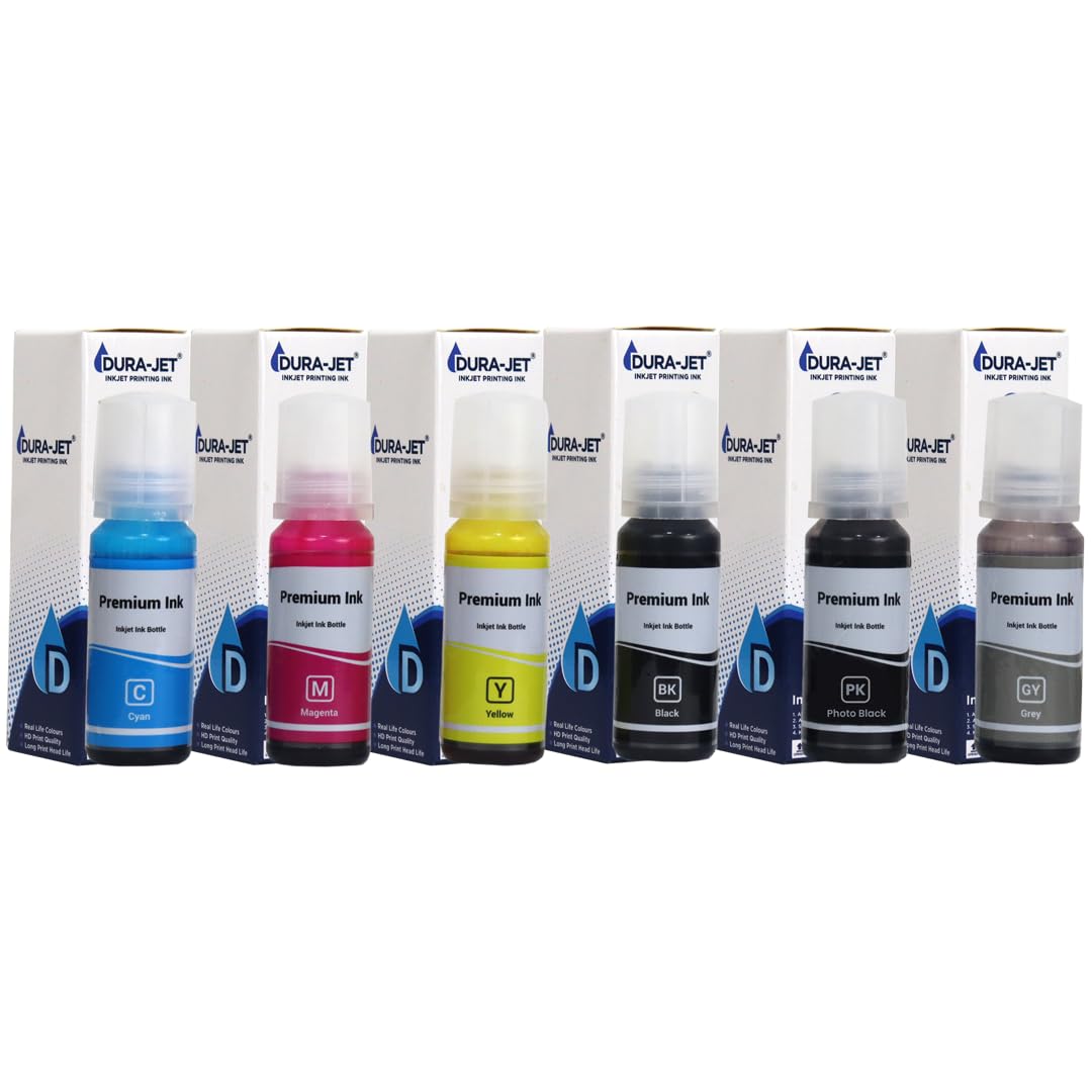 DURA-JET 011/012 Compatible Refill Ink for Epson L8180 / L8160 Printer – Compatible Ink Bottle for Epson 011/012 Ink Code (70gm x C/M/Y/BK/PB/GY) Ink Bottle - 504013