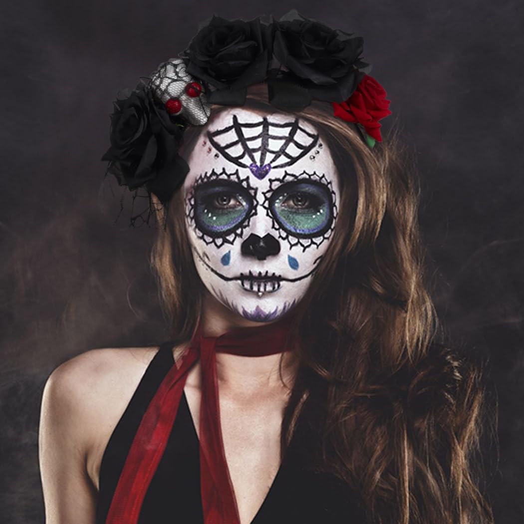 Zoestar Halloween Headband Mexican Rose Flower Hair Bands Skull Veil Hair Hoop Day of The Dead Party Costume Hair Accessories for Women - Image 2